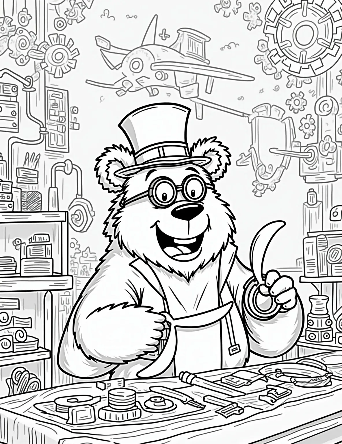 Steampunk Bear Inventor -- prompt: "black lines only Jolly grizzly bear in top hat and goggles, tinkering with propellers. Workshop filled with oversized gears, cogs, and steam pipes. Playful line art perfect for coloring. Airship blueprint on wall. Steampunk tools scattered around. Whimsical atmosphere invites creativity. Fun, bold outlines for easy coloring. flat black lines, premium coloring page, coloring sheet, line drawing, Coloring Book, NO COLOR, NO SHADING, WHITE BACKGROUND. NO GRAY, BLACK AND WHITE, NO COLOR" -- Step into a world of imagination with this intricate coloring page. A bear inventor, dressed in full steampunk attire, works on a fantastical flying machine in a workshop filled with gears and gadgets. This detailed scene is perfect for adults and older children who enjoy creative and challenging coloring projects.