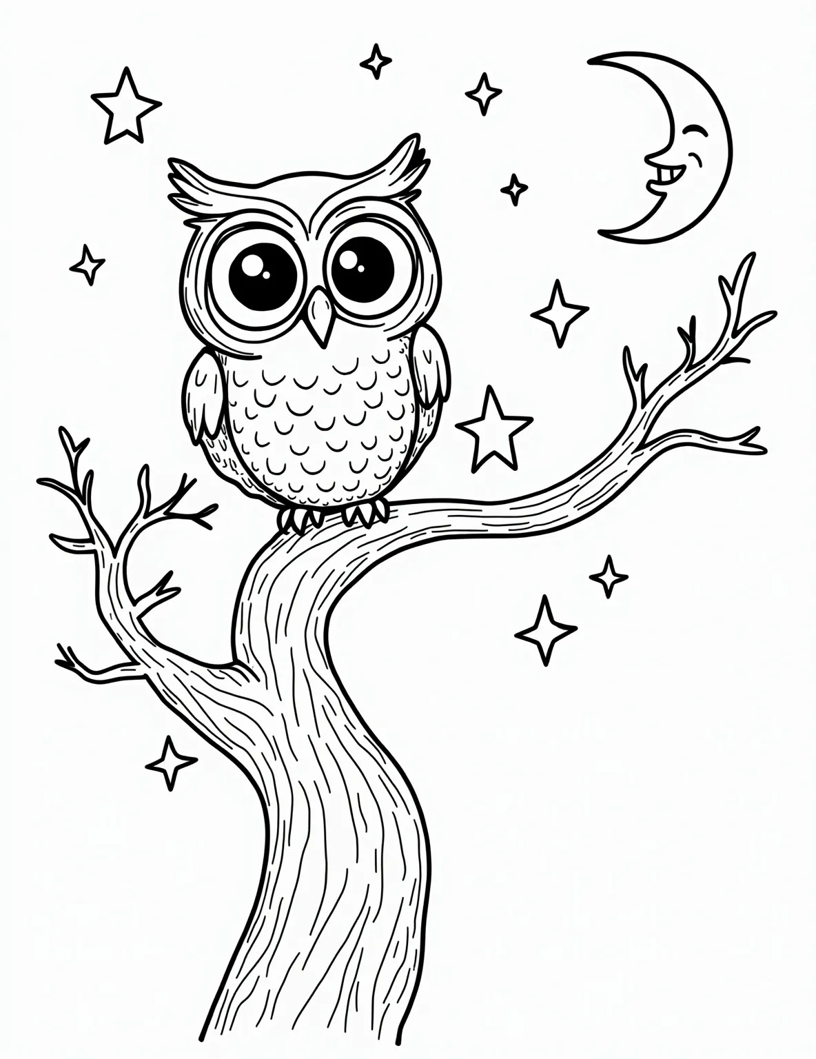 Wise Owl's Moonlit Perch -- prompt: "black lines only Cartoon owl with big round eyes perched on curvy tree branch. Moonlit night sky filled with twinkling stars. Thick outlines perfect for coloring. Swirling patterns on owl's feathers and tree bark. Crescent moon smiling. Playful composition ideal for children's coloring book page. flat black lines, premium coloring page, coloring sheet, line drawing, Coloring Book, NO COLOR, NO SHADING, WHITE BACKGROUND. NO GRAY, BLACK AND WHITE, NO COLOR" -- Bring the magic of night to life with this enchanting owl coloring page. A wise owl sits perched on an old tree branch, surrounded by a starry sky and a full moon. This page offers a mix of simple and complex elements, making it suitable for both children and adults.