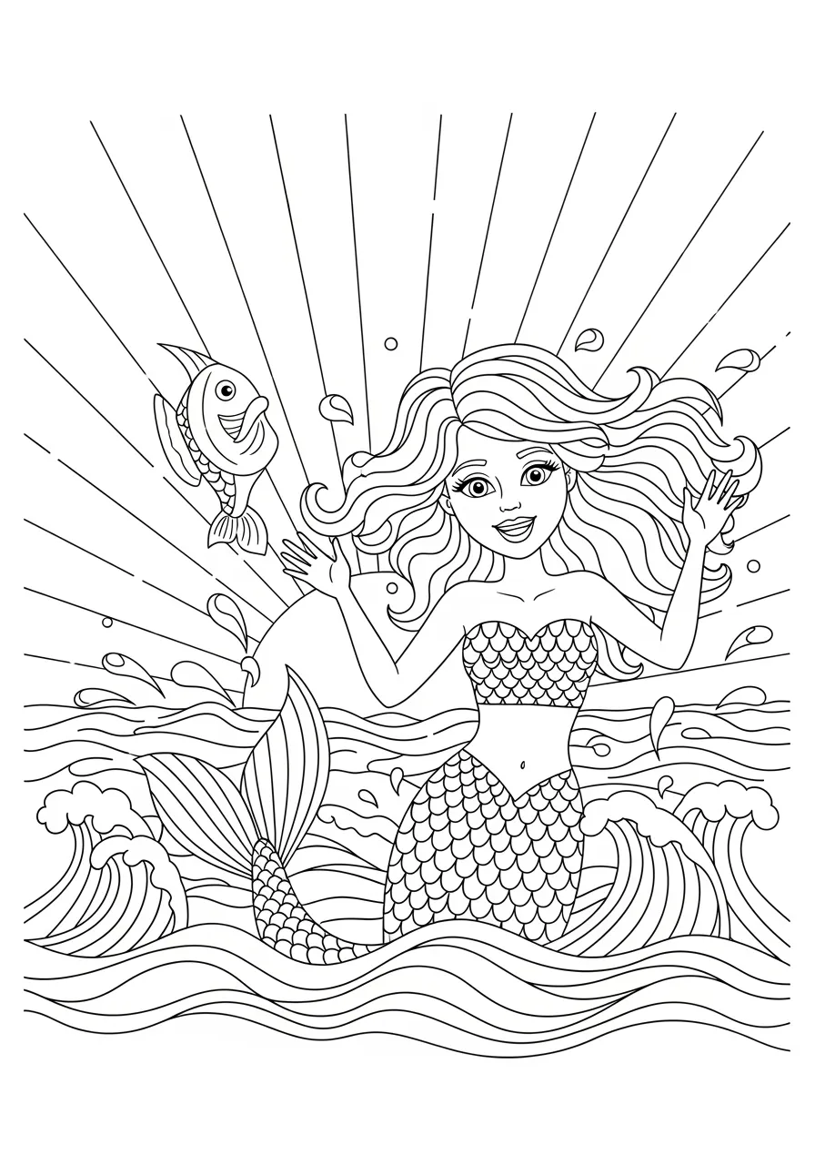 Mermaid's Sunset Surface Visit Coloring Page -- prompt: "black lines only Fun coloring book style mermaid with flowing wavy hair emerging from ocean waves during sunset, bold black outlines, simple shapes, large areas for coloring, cheerful expression, decorative scales, splashing water droplets, radiating sun rays flat black lines, premium coloring page, coloring sheet, line drawing, Coloring Book, NO COLOR, NO SHADING, WHITE BACKGROUND. NO GRAY, BLACK AND WHITE, NO COLOR" -- This romantic scene captures a mermaid breaking the ocean's surface during a beautiful sunset, with her hair flowing in the sea breeze. The contrast between underwater and above-water elements creates visual interest and storytelling opportunities. Rippling water effects and sky details add complexity to the composition.