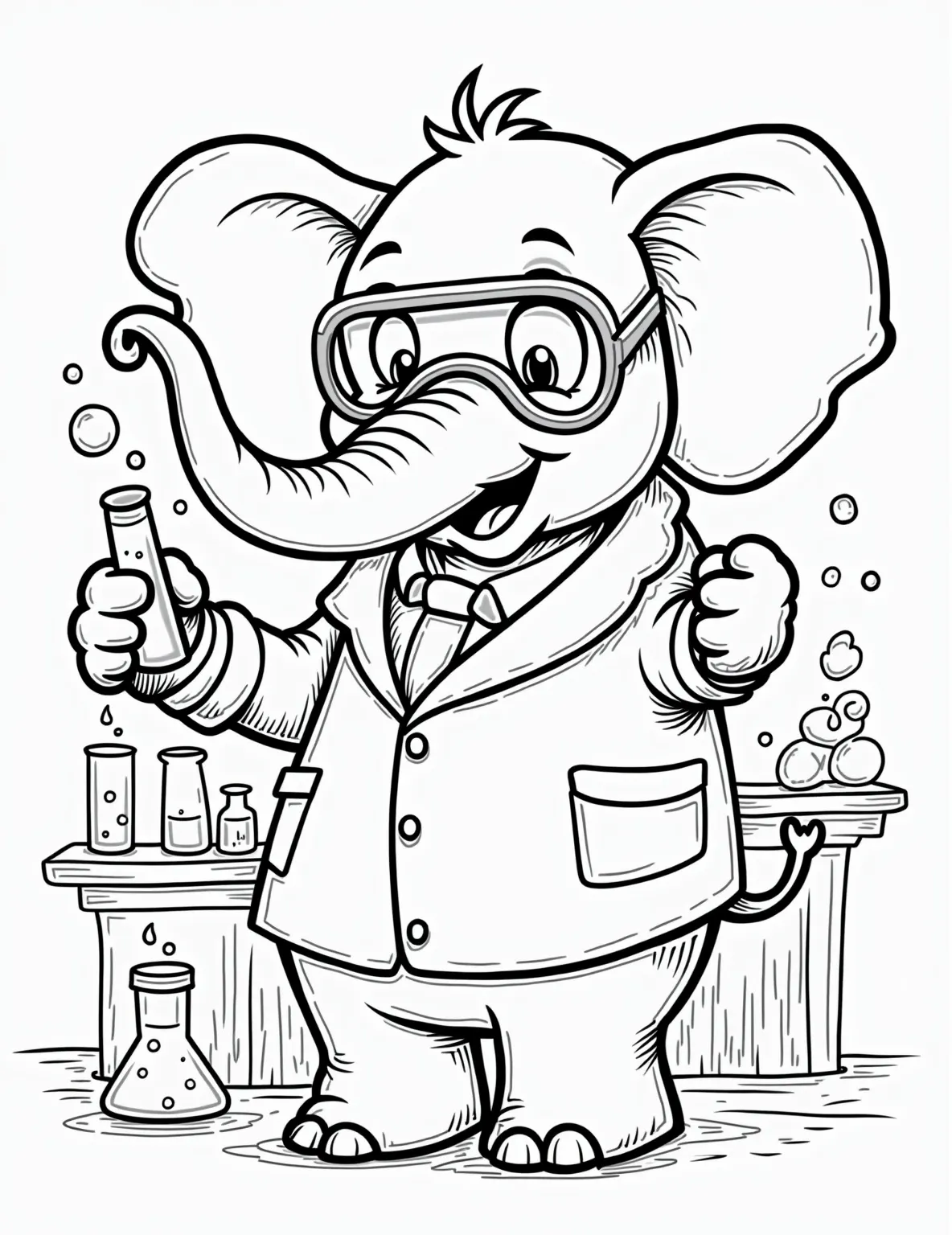 Elephant Scientist in the Lab Coloring Page -- prompt: "black lines only Playful elephant scientist in oversized lab coat, comically large safety goggles. Thick black outlines define cartoon shapes. Simple laboratory backdrop with beakers, test tubes. Bubbling liquids, swirling patterns. Empty spaces invite coloring creativity. Cheerful expression, trunk holding magnifying glass. Fun, educational coloring page for flat black lines, premium coloring page, coloring sheet, line drawing, Coloring Book, NO COLOR, NO SHADING, WHITE BACKGROUND. NO GRAY, BLACK AND WHITE, NO COLOR" -- Explore the world of science with this elephant scientist coloring page. The elephant is wearing a lab coat and safety goggles, conducting an experiment. This page is perfect for budding scientists and those who love learning.