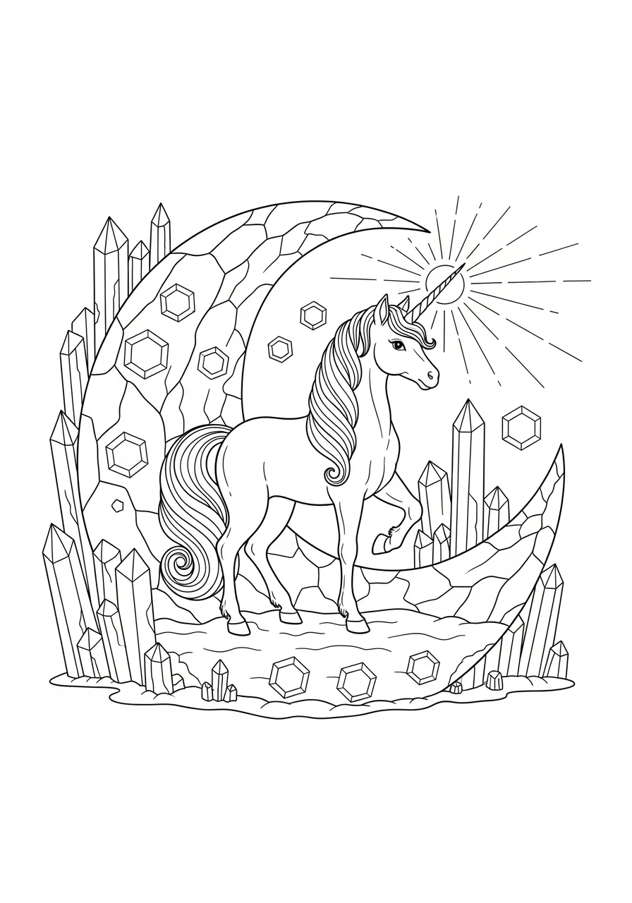 Underground Unicorn's Magical Mine Coloring Page -- prompt: "black lines only Fun coloring book style illustration of a majestic unicorn with flowing mane standing proudly inside a U-shaped cave entrance, surrounded by large sparkling crystals, geometric gems, and glowing horn radiating magical light beams. flat black lines, premium coloring page, coloring sheet, line drawing, Coloring Book, NO COLOR, NO SHADING, WHITE BACKGROUND. NO GRAY, BLACK AND WHITE, NO COLOR" -- Discover magic beneath the surface with this enchanting 'U' coloring page featuring a unicorn in a crystal cave! The cave's horseshoe entrance forms a perfect letter U while the unicorn's horn illuminates sparkling gems. This fantasy scene combines the wonder of unicorns with geological education, perfect for kids who love magical creatures.