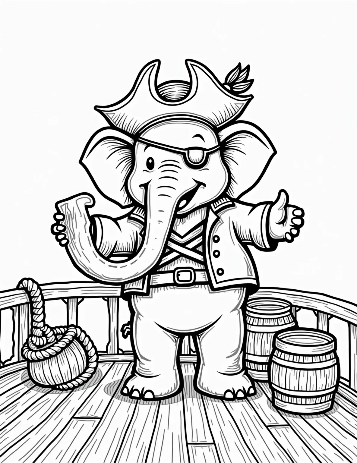 Elephant Pirate Adventure Coloring Page -- prompt: "black lines only Playful elephant pirate captain, oversized hat adorned with feathers, comical eye patch, trunk holding treasure map. Standing on wooden ship deck, surrounded by rope coils, barrels. Simple line art style, bold outlines, large empty spaces for coloring. Cheerful, adventurous atmosphere. flat black lines, premium coloring page, coloring sheet, line drawing, Coloring Book, NO COLOR, NO SHADING, WHITE BACKGROUND. NO GRAY, BLACK AND WHITE, NO COLOR" -- Ahoy, matey! Join this elephant pirate on a high-seas adventure coloring page. The elephant is dressed as a pirate captain, complete with a hat, eye patch, and treasure map. This page is perfect for those who love imaginative and playful scenes.