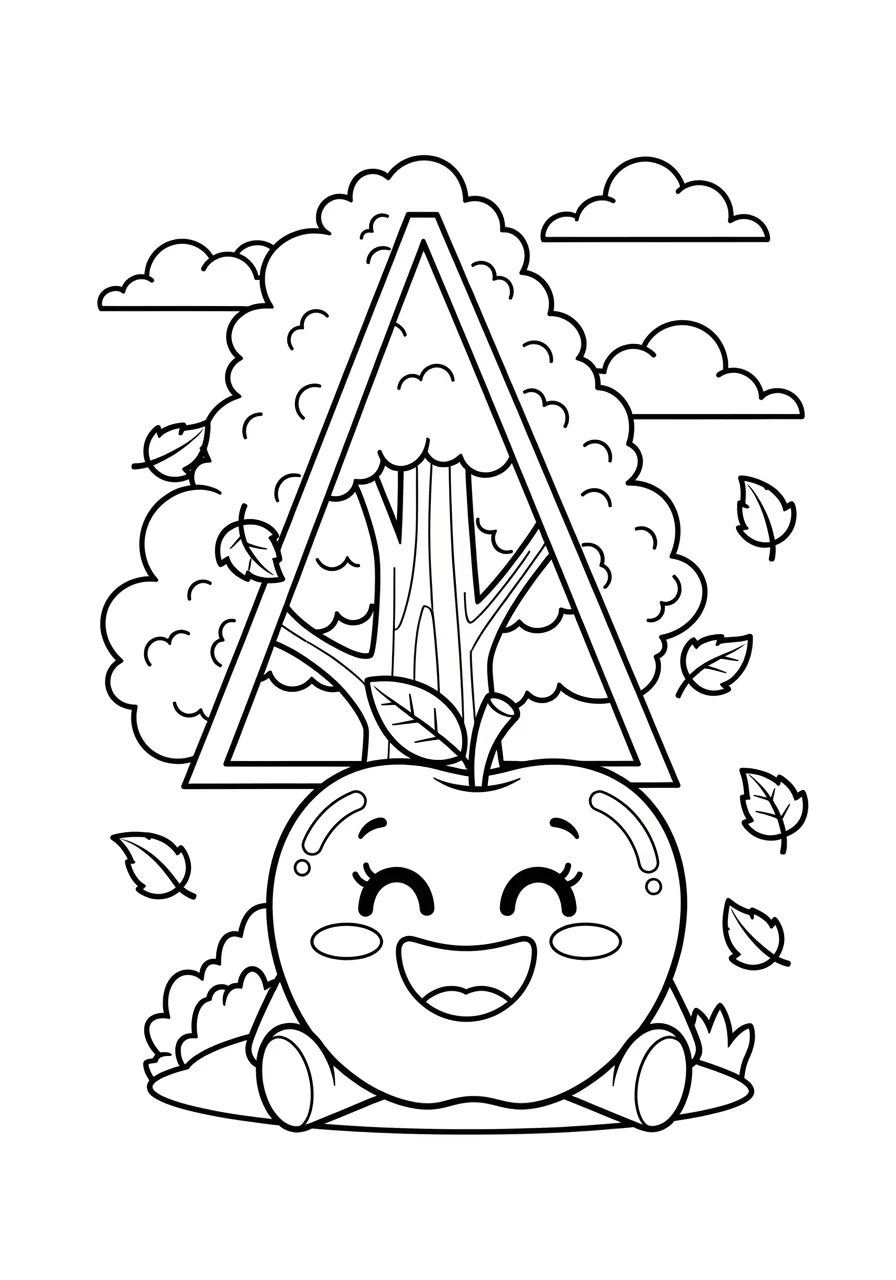 Adorable Apple's Orchard Adventure Coloring Page -- prompt: "black lines only Cheerful cartoon apple character with large smiling eyes and rosy cheeks sits beneath towering A-shaped apple tree, thick black outlines, simple geometric shapes, bold defined borders, scattered autumn leaves creating playful patterns, bright sunny sky, perfect coloring book page design flat black lines, premium coloring page, coloring sheet, line drawing, Coloring Book, NO COLOR, NO SHADING, WHITE BACKGROUND. NO GRAY, BLACK AND WHITE, NO COLOR" -- Start your alphabet journey with this charming 'A' coloring page featuring a smiling apple with rosy cheeks in a sunny orchard! The apple sits proudly beneath a tree shaped like the letter A, surrounded by falling leaves and buzzing bees. This delightful scene combines fruit education with letter learning, making it perfect for preschoolers just beginning their alphabet adventure.