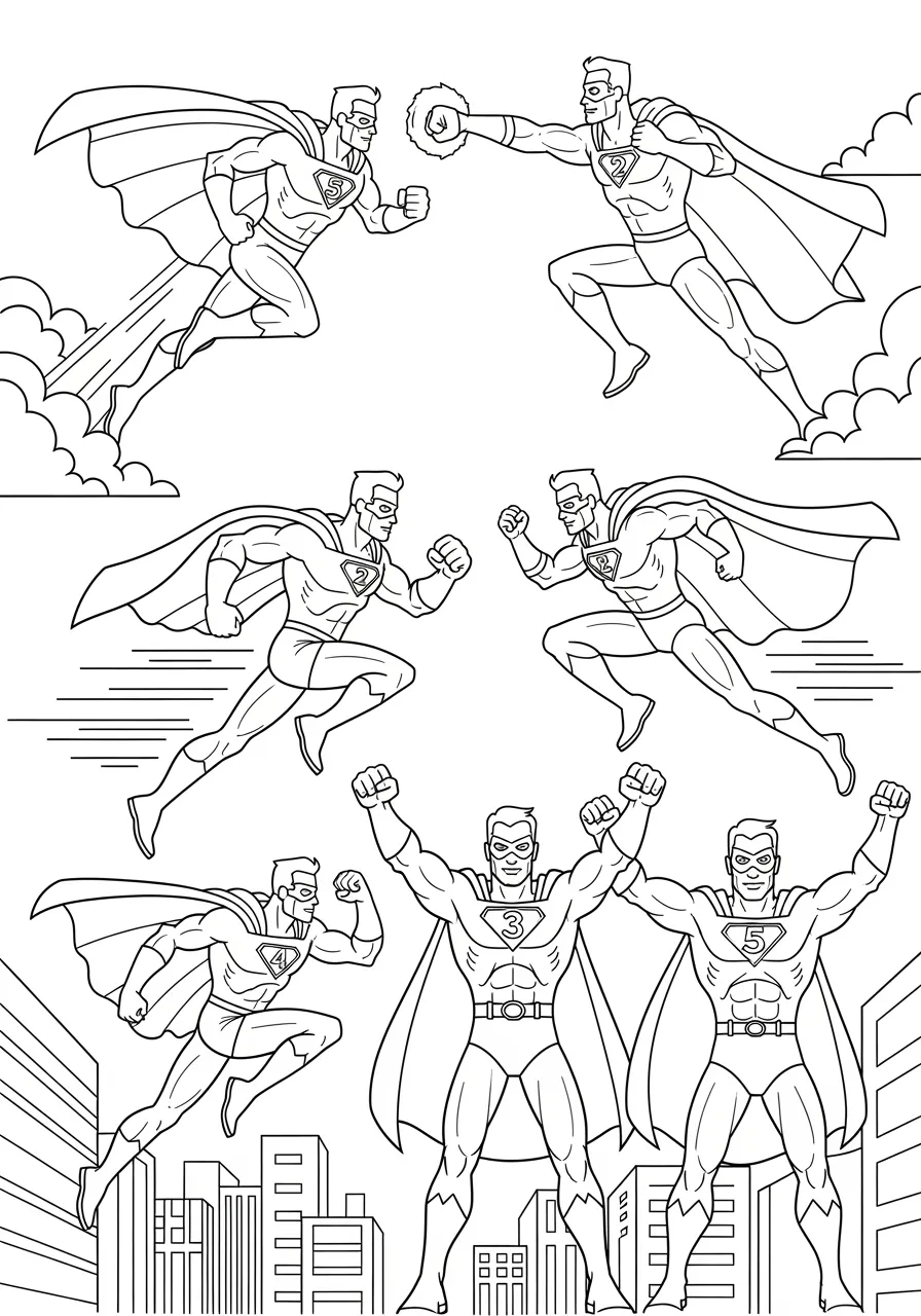 Duplication Hero Creating Multiple Copies Coloring Page -- prompt: "black lines only Fun coloring book style superhero with cape and mask creating five identical copies of themselves, each copy in different action poses - jumping, flying, punching, running, and standing heroically together as a team, bold black outlines, simple shapes flat black lines, premium coloring page, coloring sheet, line drawing, Coloring Book, NO COLOR, NO SHADING, WHITE BACKGROUND. NO GRAY, BLACK AND WHITE, NO COLOR" -- An amazing superhero demonstrates the ability to create multiple copies of themselves, with several identical heroes working together in perfect coordination. Each duplicate performs a different action while maintaining the same costume and appearance. This complex scene challenges colorists to maintain consistency across multiple figures while adding their own creative touches.