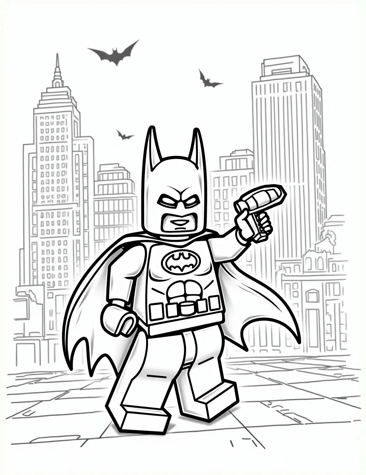 LEGO Batman Coloring Page -- prompt: "black lines only LEGO Batman strikes a heroic pose on a coloring book page. Bold outlines define his exaggerated features and blocky design. Cape billowing, batarang ready. Gotham City skyline backdrop. Playful bat symbols and comic-style action words surround him. Empty spaces await vibrant colors. flat black lines, premium coloring page, coloring sheet, line drawing, Coloring Book, NO COLOR, NO SHADING, WHITE BACKGROUND. NO GRAY, BLACK AND WHITE, NO COLOR" -- Bring a touch of humor to your coloring session with this LEGO Batman page. The blocky, exaggerated features of the LEGO version of the Dark Knight offer a fun and whimsical take on the character. This page is perfect for younger colorists or those who enjoy a more playful approach to superheroes.