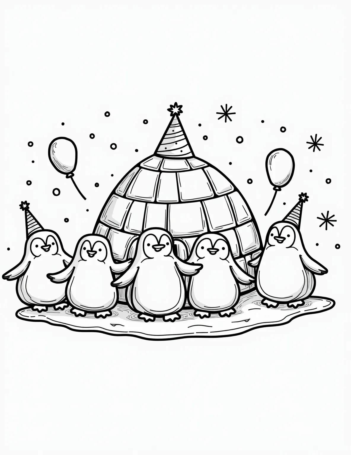 Friendly Penguin's Igloo Party -- prompt: "black lines only Adorable penguin outlines frolicking outside a domed igloo. Simple, bold shapes perfect for coloring. Playful snowflakes scatter across the page. Party hats, balloons, and confetti add festive elements. Large, easy-to-color spaces with clear borders. Fun, child-friendly design for creative expression. flat black lines, premium coloring page, coloring sheet, line drawing, Coloring Book, NO COLOR, NO SHADING, WHITE BACKGROUND. NO GRAY, BLACK AND WHITE, NO COLOR" -- Join the winter fun with this adorable penguin coloring page. A group of penguins is gathered around an igloo, ready for a arctic celebration. This page is great for kids who love arctic animals and enjoy coloring snowy scenes.