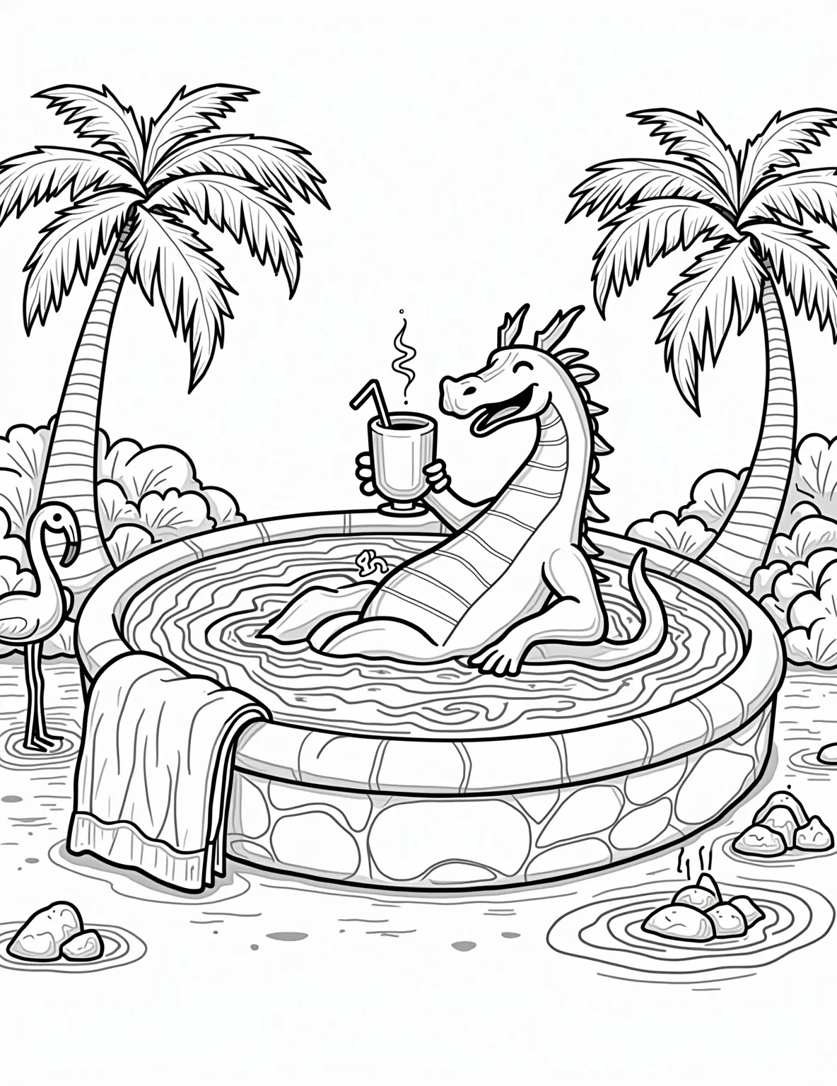 Dragon's Volcanic Spa Retreat Coloring Page -- prompt: "black lines only Cheerful dragon lounging in bubbling lava pool, coconut drink in claw. Cartoon palm trees, fluffy towels, and oversized loofah surround. Bold outlines define simple shapes, perfect for coloring. Steaming rocks and playful flamingos complete this whimsical spa scene. Fun coloring book style coloring page. flat black lines, premium coloring page, coloring sheet, line drawing, Coloring Book, NO COLOR, NO SHADING, WHITE BACKGROUND. NO GRAY, BLACK AND WHITE, NO COLOR" -- Relax and unwind with this unique coloring page featuring a dragon enjoying a spa day in a volcanic hot spring. The dragon soaks in a steaming pool, surrounded by volcanic rocks, tropical plants, and spa amenities. This page offers a fun twist on relaxation themes, perfect for those who need a bit of whimsical self-care.