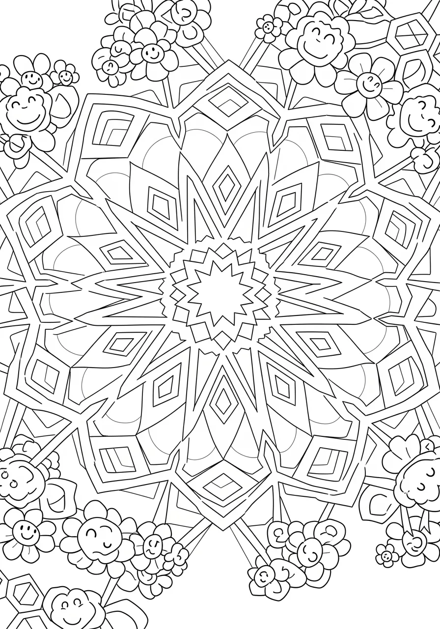 Moroccan Tile Geometric Pattern Coloring Page -- prompt: "black lines only Playful Moroccan tile mandala bursting with bold geometric stars, cheerful hexagonal flowers, dancing diamond shapes, and swirling arabesque ribbons creating joyful maze-like pathways, thick black outlines perfect for creative coloring adventures flat black lines, premium coloring page, coloring sheet, line drawing, Coloring Book, NO COLOR, NO SHADING, WHITE BACKGROUND. NO GRAY, BLACK AND WHITE, NO COLOR" -- Transport yourself to the exotic markets of Morocco with this stunning tile-inspired pattern. The design features traditional Islamic geometric motifs including stars, hexagons, and intricate interlacing patterns. This sophisticated coloring page offers adults a chance to explore the rich mathematical heritage of Islamic art.