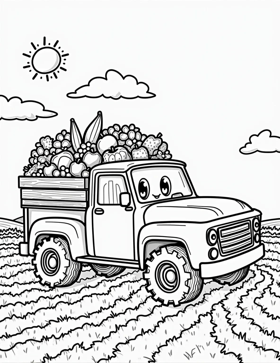 Farm Truck Harvest -- prompt: "black lines only Cheerful pickup truck overflowing with giant, cartoonish fruits and veggies. Thick, bold outlines define each item. Smiling sun peeks from corner. Stylized farm field with exaggerated furrows. Chunky tires, oversized steering wheel. Perfect for coloring fun! flat black lines, premium coloring page, coloring sheet, line drawing, Coloring Book, NO COLOR, NO SHADING, WHITE BACKGROUND. NO GRAY, BLACK AND WHITE, NO COLOR" -- Celebrate the bounty of the land with this Farm Truck Harvest coloring page! This hardworking pickup is shown loaded with fresh produce from the fields. It's perfect for those who appreciate agriculture and the farm-to-table journey of our food.