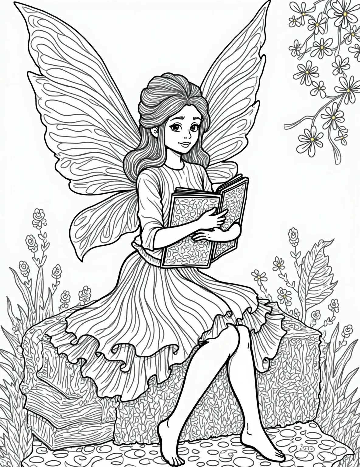 Fairy Librarian's Magic Bookshop Coloring Page -- prompt: "black lines only Enchanted fairy librarian with gossamer wings, shelving miniature books crafted from vibrant leaves and delicate petals. Magical bookshop filled with swirling patterns, whimsical creatures, and floating bookshelves. Bold outlines perfect for coloring, with intricate floral designs and fantastical elements throughout. flat black lines, premium coloring page, coloring sheet, line drawing, Coloring Book, NO COLOR, NO SHADING, WHITE BACKGROUND. NO GRAY, BLACK AND WHITE, NO COLOR" -- Get lost in a world of stories with this enchanting fairy librarian's magic bookshop coloring page. Our scholarly fairy tends to shelves of tiny books made from leaves and flower petals. This page celebrates the magic of reading and knowledge.