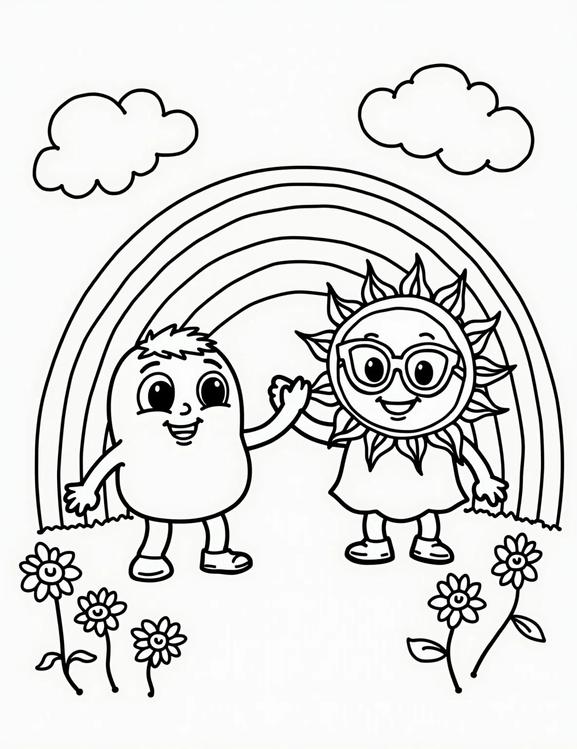 Cute Rainbow and Sun Friends Coloring Page -- prompt: "black lines only Cheerful cartoon rainbow with vibrant stripes and expressive face, holding hands with anthropomorphic sun sporting oversized sunglasses. Bold outlines, simple shapes, thick black borders. Playful scene with fluffy clouds, smiling flowers. Large empty spaces for coloring. Joyful, friendly atmosphere. flat black lines, premium coloring page, coloring sheet, line drawing, Coloring Book, NO COLOR, NO SHADING, WHITE BACKGROUND. NO GRAY, BLACK AND WHITE, NO COLOR" -- Adorable cartoon-style rainbow and sun characters smile and hold hands in this charming coloring page. The sun wears cool sunglasses, adding a playful touch. This page is ideal for younger children who enjoy bringing cheerful characters to life.