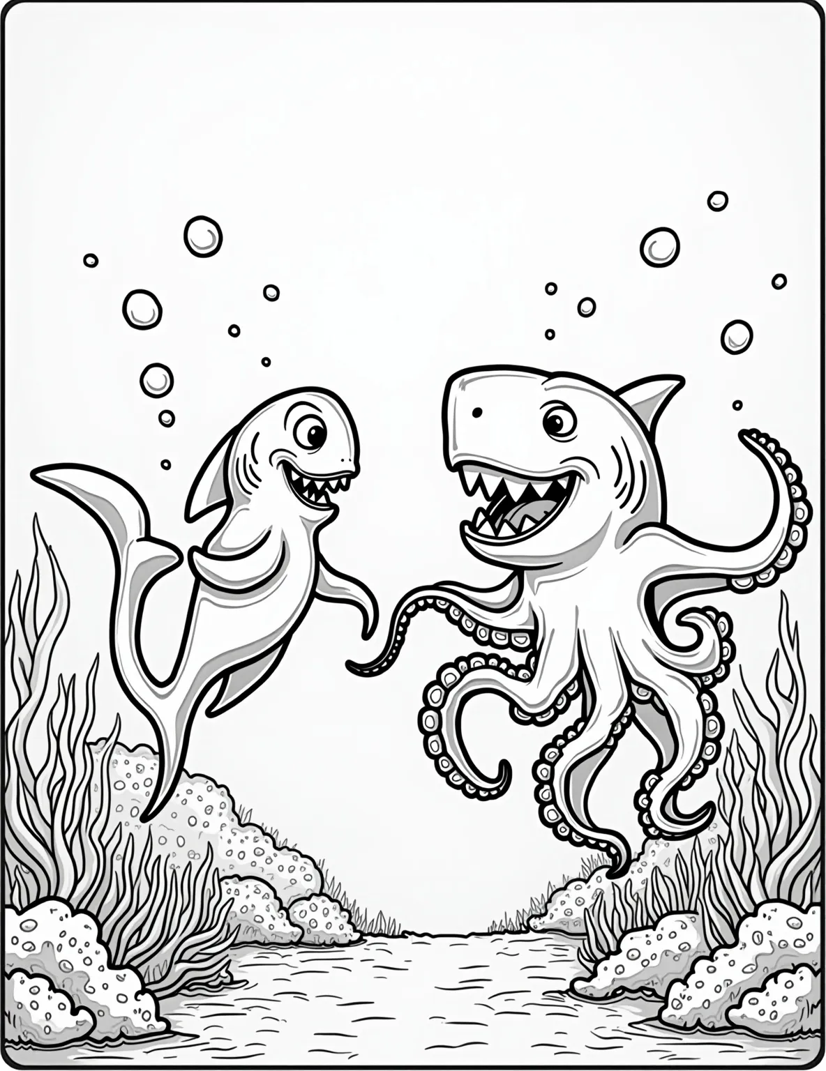 Shark Versus Octopus Showdown -- prompt: "black lines only Coloring page featuring cartoonish shark and octopus in epic underwater standoff. Bold outlines define swirling tentacles, sharp teeth, and flowing fins. Bubbles and coral frame the scene. Empty spaces await vibrant colors. Playful yet dramatic composition perfect for imaginative coloring fun. flat black lines, premium coloring page, coloring sheet, line drawing, Coloring Book, NO COLOR, NO SHADING, WHITE BACKGROUND. NO GRAY, BLACK AND WHITE, NO COLOR" -- Witness an epic underwater face-off with this shark versus octopus coloring page. The dramatic scene captures the moment these two sea creatures encounter each other. It's perfect for those who love action-packed marine life illustrations.