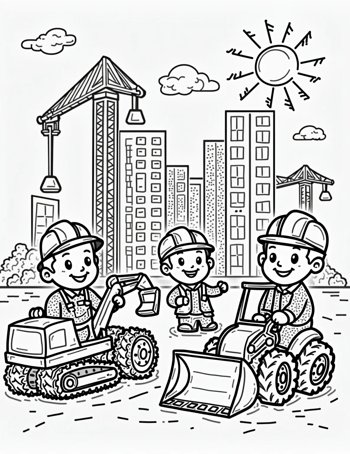 Construction Site Adventure Coloring Page -- prompt: "black lines only Cartoon construction site coloring page. Smiling workers in hard hats operate oversized excavators and cranes. Playful skyscraper outline with windows and scaffolding. Cheerful sun peeks behind clouds. Construction vehicles with exaggerated features. Dotted lines guide coloring. Fun patterns on workers' uniforms. flat black lines, premium coloring page, coloring sheet, line drawing, Coloring Book, NO COLOR, NO SHADING, WHITE BACKGROUND. NO GRAY, BLACK AND WHITE, NO COLOR" -- Build excitement with this bustling construction site coloring page. It features various heavy machinery like bulldozers, cranes, and dump trucks hard at work. With a half-built skyscraper in the background, this page offers plenty of details for boys who are fascinated by big machines and how things are built.