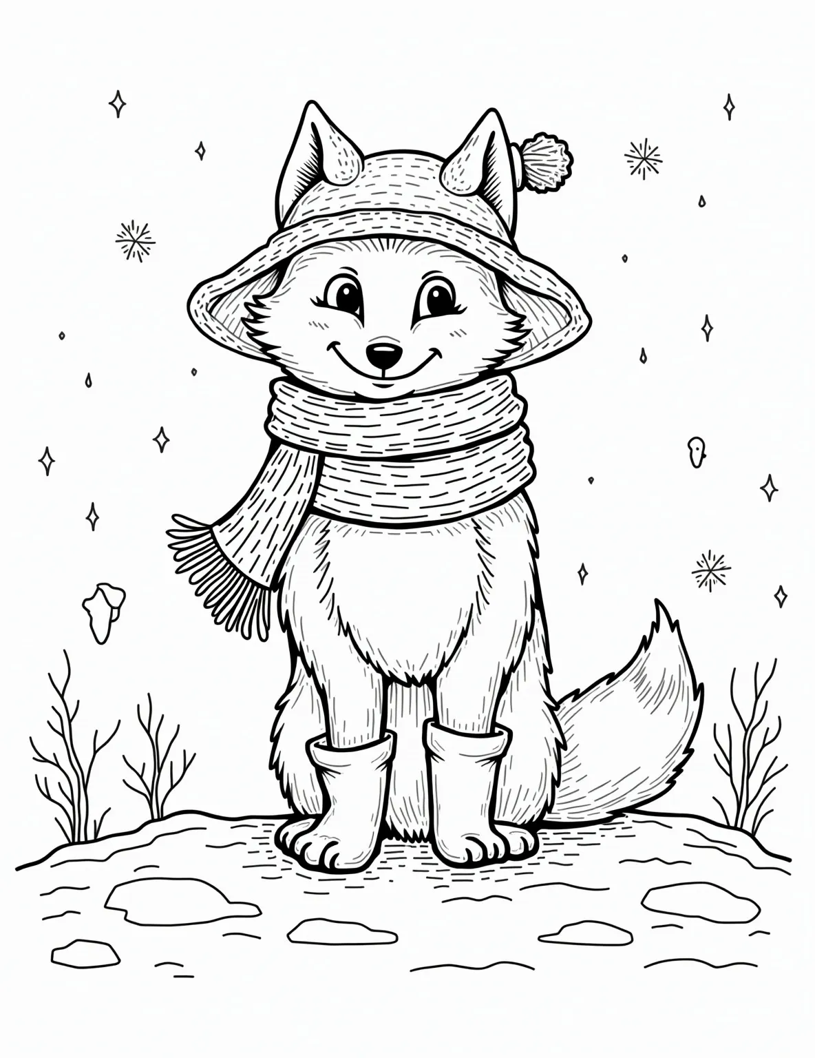 Fox Dressed for Winter -- prompt: "black lines only Playful fox outline with bold black lines, wearing chunky scarf, oversized hat, and knee-high boots. Surrounded by large, simple snowflakes and stylized icicles. Snowy landscape with basic shapes. Perfect for coloring, with thick lines and uncomplicated patterns. Fun winter scene flat black lines, premium coloring page, coloring sheet, line drawing, Coloring Book, NO COLOR, NO SHADING, WHITE BACKGROUND. NO GRAY, BLACK AND WHITE, NO COLOR" -- This cute and cozy coloring page features a fox all bundled up for winter. Wearing a scarf, hat, and little boots, the fox is ready to play in the snow. Snowflakes and icicles in the background complete this winter wonderland scene.