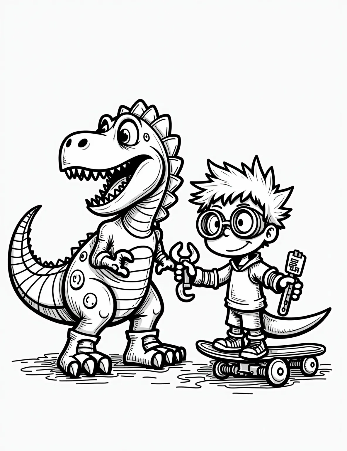 Dinosaur Robot Mechanic Coloring Page -- prompt: "black lines only Cartoon boy genius in oversized goggles tinkering with colossal robo-T-Rex. Workshop filled with comically large wrenches, zany gadgets, and quirky contraptions. Dinosaur's eyes light up, tail swishes playfully. Bubbles with sound effects float around. Perfect for coloring book adventures. flat black lines, premium coloring page, coloring sheet, line drawing, Coloring Book, NO COLOR, NO SHADING, WHITE BACKGROUND. NO GRAY, BLACK AND WHITE, NO COLOR" -- Enter a world where prehistoric meets high-tech with this unique dinosaur robot mechanic coloring page. It showcases a young boy fixing a robotic T-Rex in a futuristic workshop. This page is ideal for boys who love both dinosaurs and robots, offering a creative blend of ancient and modern themes.