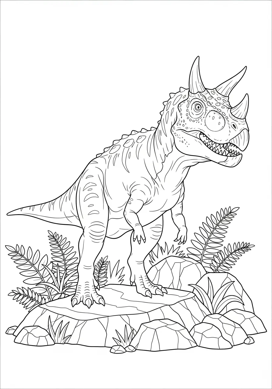 Mysterious Carnotaurus with Horned Skull Coloring Page -- prompt: "black lines only A mighty Carnotaurus dinosaur with prominent twin horns above its eyes stands proudly on jagged prehistoric rocks, surrounded by ancient ferns and volcanic stones, designed as a cheerful coloring book page with bold outlines and simple shapes for easy coloring fun flat black lines, premium coloring page, coloring sheet, line drawing, Coloring Book, NO COLOR, NO SHADING, WHITE BACKGROUND. NO GRAY, BLACK AND WHITE, NO COLOR" -- Encounter one of the most unusual predatory dinosaurs with this striking Carnotaurus, featuring its distinctive horned skull and powerful build. This "meat-eating bull" stands out with its unique appearance and formidable presence in a rocky prehistoric setting. The combination of fearsome features and interesting anatomy makes this coloring page both educational and thrilling for dinosaur enthusiasts.