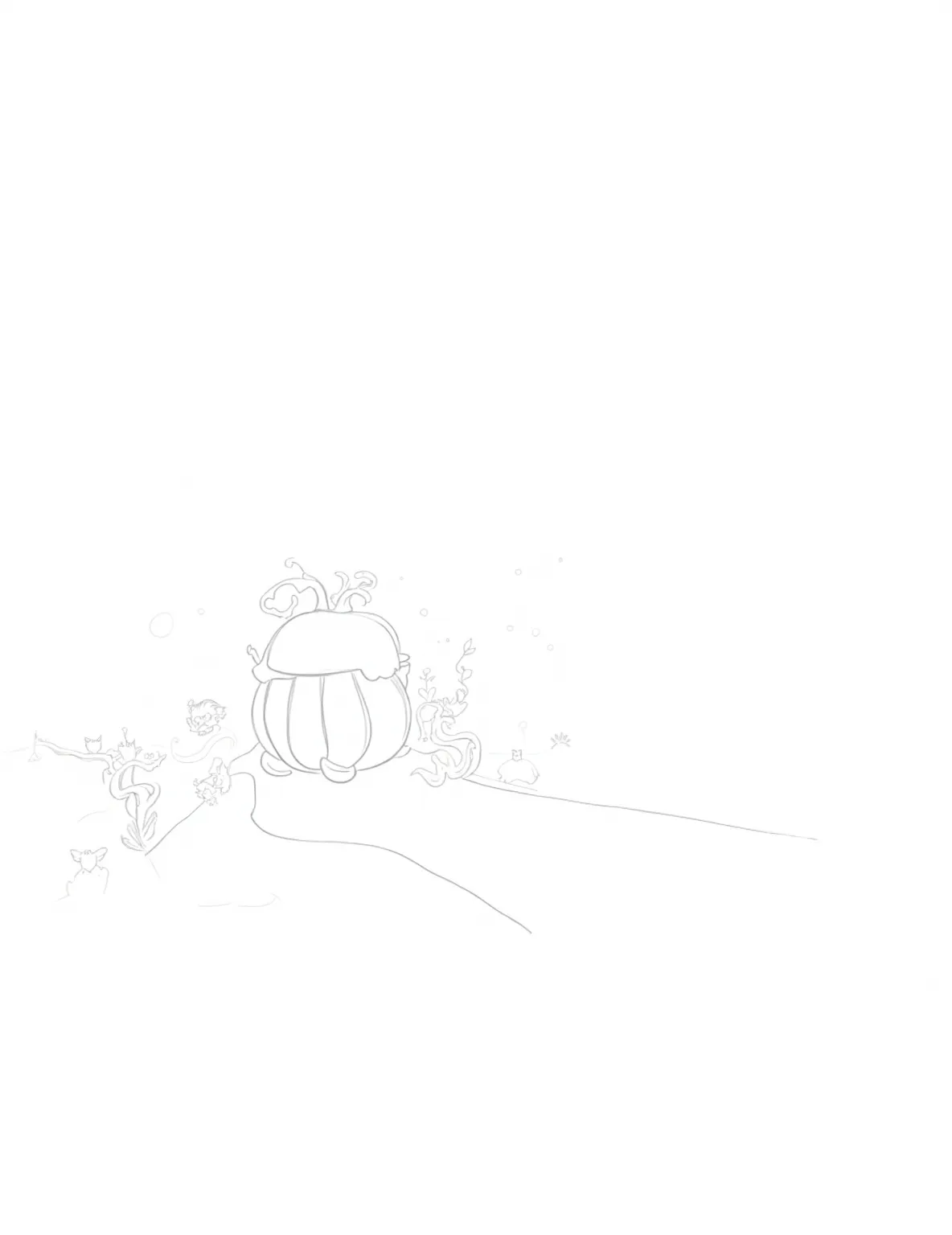 Enchanted Pumpkin Carriage Ride -- prompt: "black lines only Enchanted pumpkin carriage, ornate swirls and vines, pulled by grinning skeleton horses with flowing manes. Costumed passengers peek through windows. Moonlit forest path lined with twisted trees, owls, and bats. Simple outlines, bold shapes, perfect for coloring. Spooky yet playful Halloween scene. flat black lines, premium coloring page, coloring sheet, line drawing, Coloring Book, NO COLOR, NO SHADING, WHITE BACKGROUND. NO GRAY, BLACK AND WHITE, NO COLOR" -- Experience a magical Halloween journey with this fairytale-inspired coloring page. A giant pumpkin transformed into an elegant carriage, pulled by skeleton horses, carries costumed passengers through a moonlit forest. This whimsical scene blends classic fairytale elements with Halloween charm, ideal for those who love a touch of magic in their holiday.