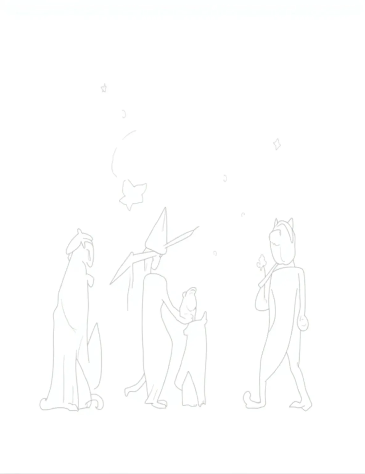 Witch's Familiar Fashion Show -- prompt: "black lines only Adorable witch's familiars strut down a moonlit catwalk. Black cats in pumpkin suits, toads wearing witch hats, bats donning skeleton onesies. Bold outlines, simple shapes, and large empty spaces perfect for coloring. Magical stars and swirls float around the charming scene. flat black lines, premium coloring page, coloring sheet, line drawing, Coloring Book, NO COLOR, NO SHADING, WHITE BACKGROUND. NO GRAY, BLACK AND WHITE, NO COLOR" -- Strut down the catwalk with this charming and whimsical Halloween coloring page. Cats, toads, bats, and other traditional witch's familiars model miniature Halloween costumes on a runway, cheered on by an audience of witches. This delightful scene combines fashion fun with Halloween magic, perfect for animal lovers and aspiring designers alike.