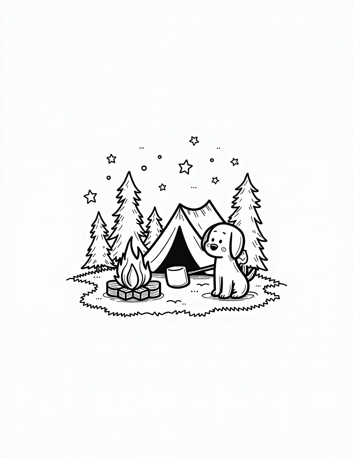 Puppy's Camping Trip Coloring Page -- prompt: "black lines only Adorable cartoon puppy with oversized ears roasting marshmallow on stick. Simplified campfire, triangular tent, pine trees with bold outlines. Starry sky with exaggerated stars. Thick, clean lines perfect for coloring. Cheerful scene with playful elements and basic shapes. flat black lines, premium coloring page, coloring sheet, line drawing, Coloring Book, NO COLOR, NO SHADING, WHITE BACKGROUND. NO GRAY, BLACK AND WHITE, NO COLOR" -- Embrace the great outdoors with this puppy camping coloring page! A happy pup sits by a campfire, roasting a marshmallow on a stick. A tent, pine trees, and a starry sky create the perfect wilderness backdrop for our nature-loving canine.