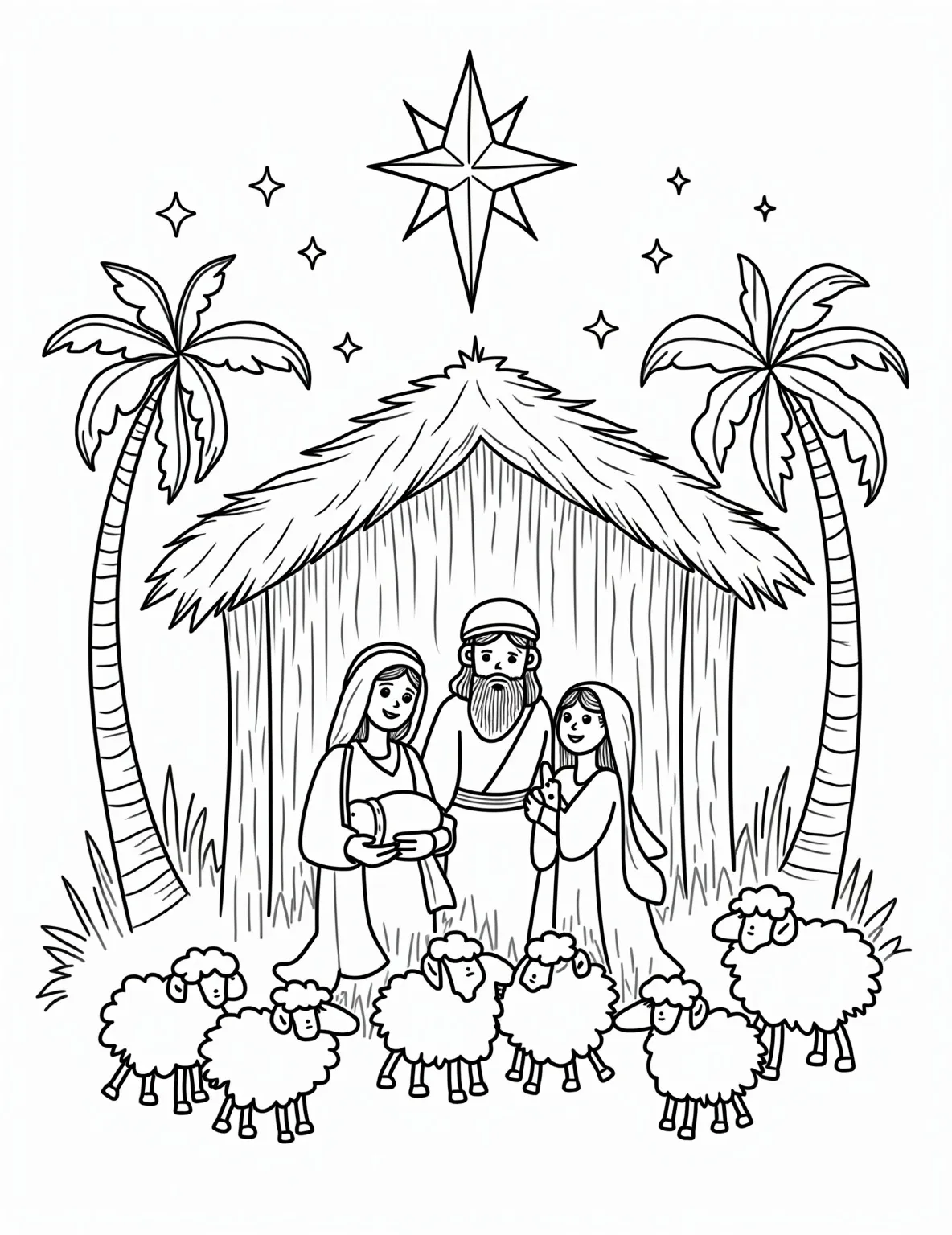 Nativity Scene Coloring Page -- prompt: "black lines only Joyful coloring page: Bethlehem stable outlined in bold, simple strokes. Mary, Joseph, baby Jesus in manger, surrounded by friendly animals. Shepherds with fluffy sheep, beaming Star above. Palm trees frame scene. Large, easy-to-color shapes for all ages. Peaceful nativity tableau awaits vibrant hues. flat black lines, premium coloring page, coloring sheet, line drawing, Coloring Book, NO COLOR, NO SHADING, WHITE BACKGROUND. NO GRAY, BLACK AND WHITE, NO COLOR" -- Reflect on the religious meaning of Christmas with this beautiful Nativity scene coloring page. The image depicts Mary, Joseph, and baby Jesus in the manger, surrounded by animals and guided by the Star of Bethlehem. This page is ideal for those who wish to focus on the spiritual aspects of the holiday season.