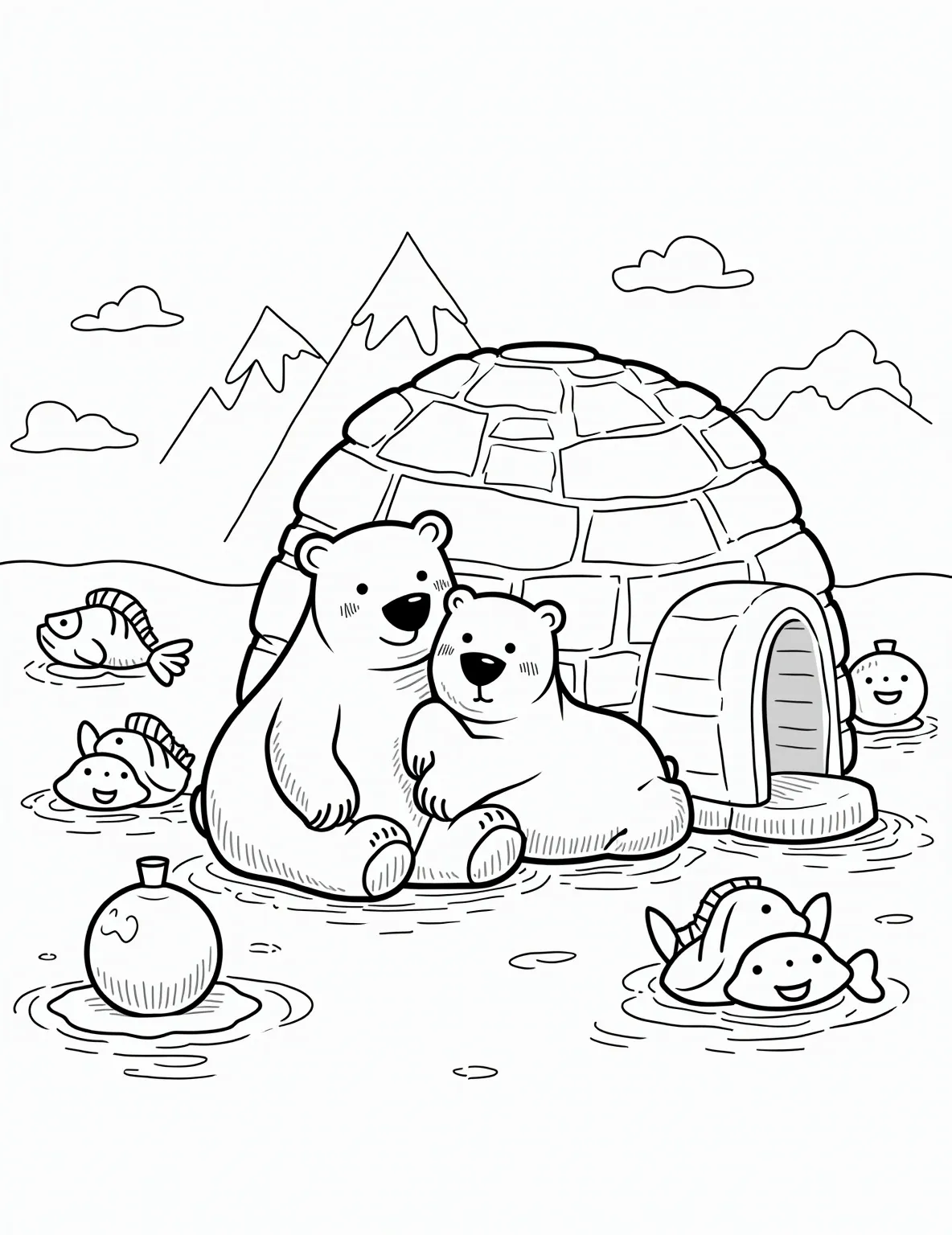 Polar Bear's Igloo Home -- prompt: "black lines only Polar bear family lounging outside chunky igloo outline. Simplified icebergs float in background. Bold black lines define shapes. Empty spaces await coloring. Playful Arctic scene with smiling bears, fish, and seals. Snow-capped mountains peek through. Cheerful, kid-friendly design for coloring book enthusiasts. flat black lines, premium coloring page, coloring sheet, line drawing, Coloring Book, NO COLOR, NO SHADING, WHITE BACKGROUND. NO GRAY, BLACK AND WHITE, NO COLOR" -- Explore the Arctic with this cozy coloring page featuring a polar bear family. A mother bear and her cubs relax outside their igloo home, surrounded by snow and icebergs. This educational scene introduces children to Arctic wildlife and habitats while providing a fun coloring experience.