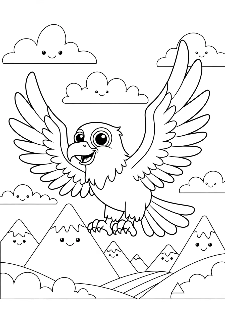 Majestic Eagle Soaring Mountain Vista Coloring Page -- prompt: "black lines only Majestic golden eagle with bold outlined feathers and spread wings soaring above simplified mountain peaks, puffy cartoon clouds, and geometric valleys in black and white line art perfect for coloring book pages flat black lines, premium coloring page, coloring sheet, line drawing, Coloring Book, NO COLOR, NO SHADING, WHITE BACKGROUND. NO GRAY, BLACK AND WHITE, NO COLOR" -- This inspiring adult coloring page shows a golden eagle with outstretched wings soaring high above a detailed mountain landscape. The eagle's powerful form is rendered with intricate feather details while the mountain vista below features peaks, valleys, and clouds. This challenging design celebrates the freedom and majesty of these remarkable birds of prey.