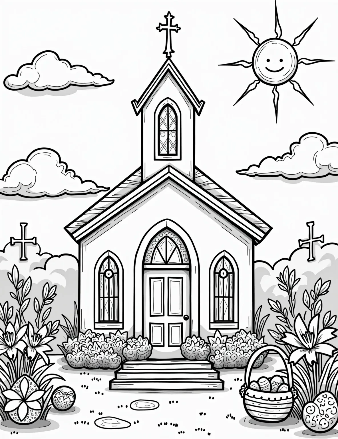 Easter Sunday Church Scene -- prompt: "black lines only Cheerful Easter Sunday church scene: bold outlines, simple shapes. Families in Sunday best, Easter lilies with thick petals, ornate crosses, overflowing egg baskets. Stained glass windows, fluffy clouds, smiling sun. Perfect for coloring, with large spaces and playful patterns. flat black lines, premium coloring page, coloring sheet, line drawing, Coloring Book, NO COLOR, NO SHADING, WHITE BACKGROUND. NO GRAY, BLACK AND WHITE, NO COLOR" -- Capture the spiritual essence of Easter with this serene coloring page. The scene shows a beautiful church with Easter lilies and crosses, surrounded by families in their Sunday best. Baskets of eggs and spring flowers add festive touches to this meaningful Easter illustration.