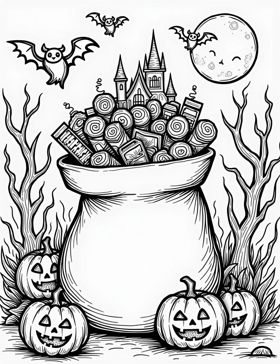 Halloween Trick-or-Treat Bag of Goodies -- prompt: "black lines only Playful Halloween trick-or-treat bag overflowing with candies and tiny presents. Cartoonish bats swoop around a grinning full moon. Bold outlines perfect for coloring. Haunted house silhouette in background. Jack-o'-lanterns peek out, creating a fun, spooky scene for creative coloring enthusiasts. flat black lines, premium coloring page, coloring sheet, line drawing, Coloring Book, NO COLOR, NO SHADING, WHITE BACKGROUND. NO GRAY, BLACK AND WHITE, NO COLOR" -- This spooky-sweet coloring page features a trick-or-treat bag overflowing with Halloween goodies. Wrapped candies, chocolate bars, and small toys peek out of the bag, which is decorated with jack-o'-lantern faces. Bats and a full moon add to the Halloween atmosphere.