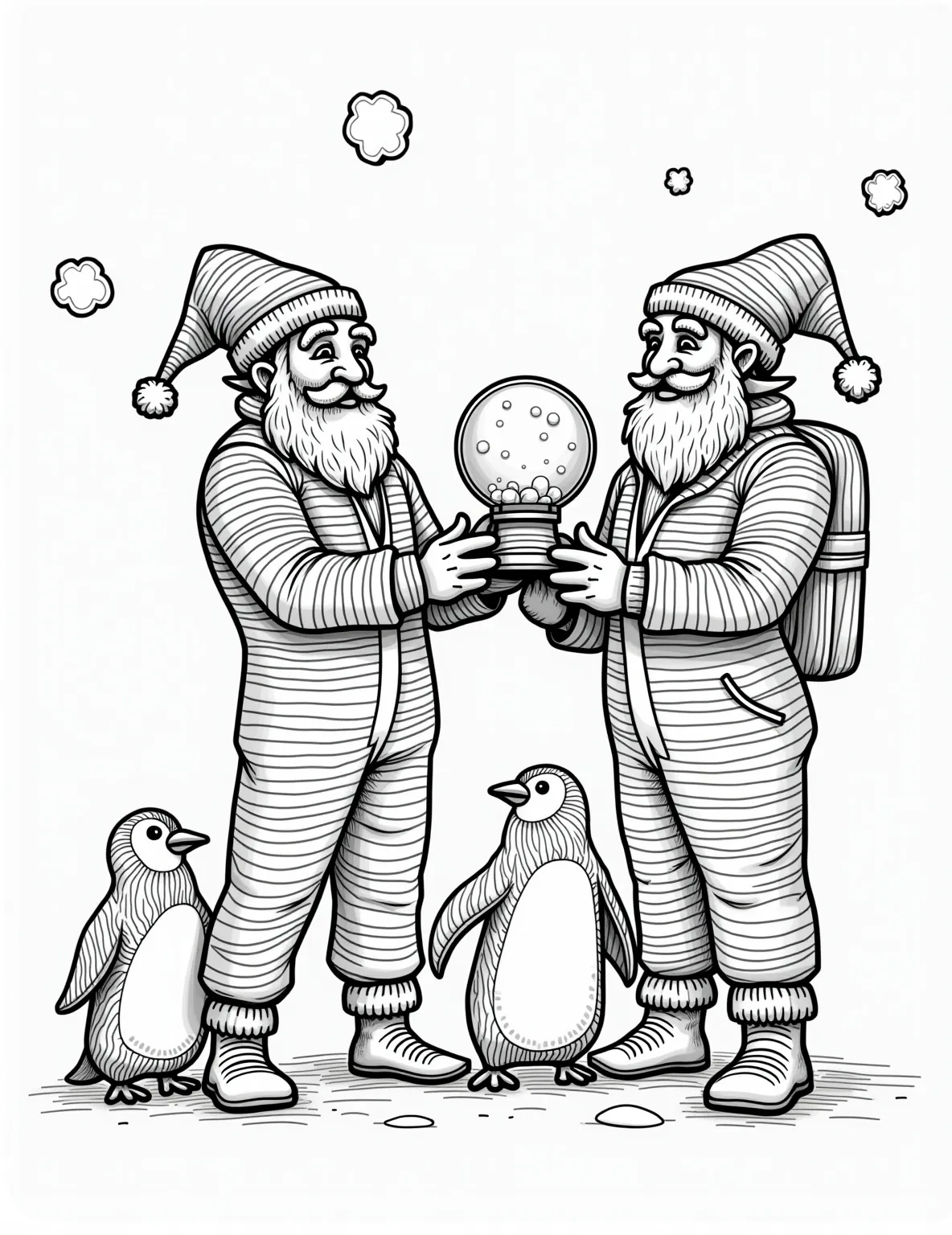 North Pole Weather Station Coloring Page -- prompt: "black lines only Jolly elf meteorologists in striped outfits operate magical snow globes and rainbow-hued barometers. Frost Giants with icicle beards peer through oversized magnifying glasses. North Pole weather station festooned with candy cane antennas and gingerbread radar dishes. Playful penguins waddle between bold, outlined shapes. flat black lines, premium coloring page, coloring sheet, line drawing, Coloring Book, NO COLOR, NO SHADING, WHITE BACKGROUND. NO GRAY, BLACK AND WHITE, NO COLOR" -- Step inside the North Pole Weather Station where elf meteorologists predict Christmas Eve weather. The room is filled with advanced equipment, magical snow globes, and a large map tracking storm patterns. Elves consult with Frost Giants to ensure perfect sleighing conditions.