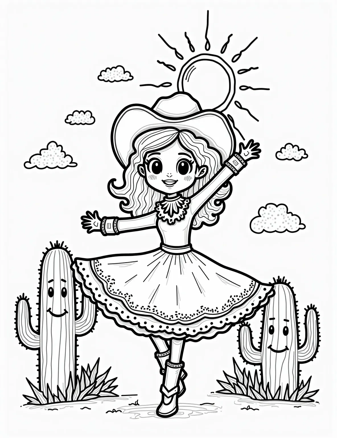 Jessie's Wild West Ballet -- prompt: "black lines only Jessie the cowgirl gracefully balances on tiptoe, her Western outfit transformed into flowing lines. Stylized cacti frame her pose, their spines curling playfully. A simplified sun dips behind geometric mesas, its rays creating bold patterns. Perfect for coloring, each element distinct and inviting. flat black lines, premium coloring page, coloring sheet, line drawing, Coloring Book, NO COLOR, NO SHADING, WHITE BACKGROUND. NO GRAY, BLACK AND WHITE, NO COLOR" -- Witness Jessie's graceful side in this charming coloring page! Our favorite cowgirl is performing an elegant ballet routine while dressed in her Western attire. Set against a backdrop of cacti and a setting sun, this unique page combines the Wild West with classical dance for a truly delightful coloring experience.