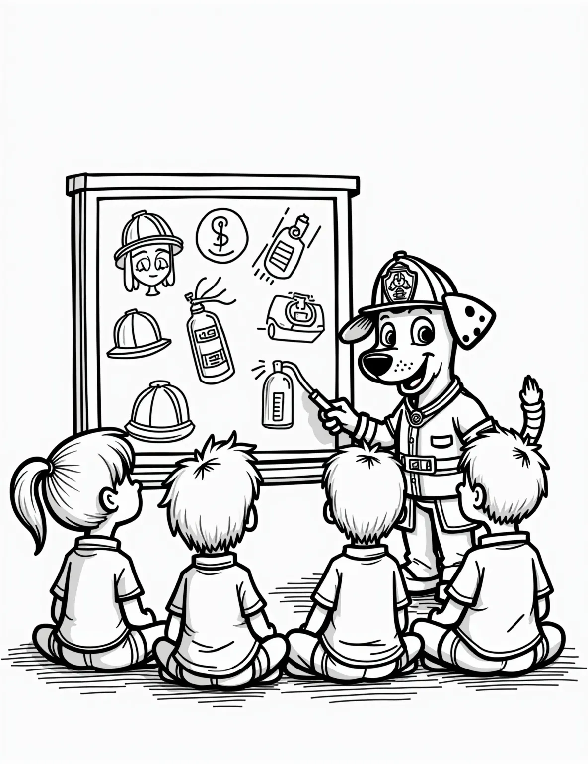 Marshall's Fire Safety Lesson -- prompt: "black lines only Marshall, a friendly Dalmatian firefighter, teaches kids fire safety. Simplistic outlines perfect for coloring. Whiteboard lists safety tips in playful fonts. Children sit cross-legged, eyes wide. Fire helmet, extinguisher, and smoke detector doodles frame the scene. Cheerful, educational atmosphere. flat black lines, premium coloring page, coloring sheet, line drawing, Coloring Book, NO COLOR, NO SHADING, WHITE BACKGROUND. NO GRAY, BLACK AND WHITE, NO COLOR" -- Learn about fire safety with Marshall in this educational coloring page! The scene depicts Marshall teaching a group of children about fire safety rules. A whiteboard in the background lists important safety tips, while Marshall demonstrates the stop, drop, and roll technique. This page combines fun with valuable life lessons.