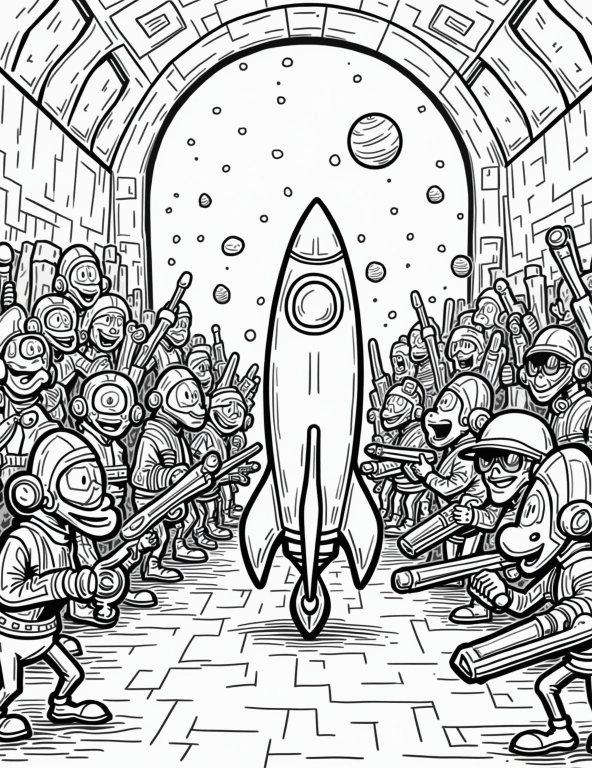 Spacecraft Maintenance -- prompt: "black lines only Cartoon spacecraft hangar bustling with playful engineer characters. Oversized tools, comical gadgets, and quirky alien assistants surround a sleek rocket. Bold outlines define exaggerated features and expressions. Starry background with planets peeks through large windows. Cheerful chaos reigns in this flat black lines, premium coloring page, coloring sheet, line drawing, Coloring Book, NO COLOR, NO SHADING, WHITE BACKGROUND. NO GRAY, BLACK AND WHITE, NO COLOR" -- Dive into the technical side of space exploration with this detailed maintenance scene. The coloring page shows a team of engineers working on a spacecraft in a high-tech hangar. It's perfect for those who appreciate the engineering aspects of space travel.