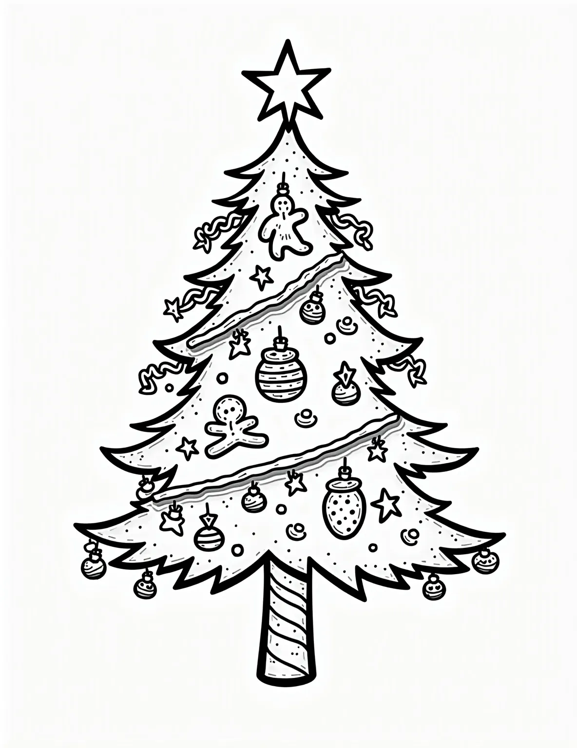 Candy Land Christmas Tree -- prompt: "black lines only Cheerful Christmas tree outline for coloring, made entirely of sweets. Candy cane trunk, lollipop branches, gingerbread ornaments, and chocolate star topper. Sprinkle garlands and gumdrop lights. Bold, simple lines perfect for festive coloring fun. Joyful holiday scene with flat black lines, premium coloring page, coloring sheet, line drawing, Coloring Book, NO COLOR, NO SHADING, WHITE BACKGROUND. NO GRAY, BLACK AND WHITE, NO COLOR" -- Indulge your sweet tooth with this delectable Candy Land Christmas tree coloring page. The tree is a confectionery delight, constructed entirely of candies, lollipops, and sweet treats. From its peppermint trunk to its cotton candy star topper, every inch is a sugary wonderland waiting to be brought to life with color.