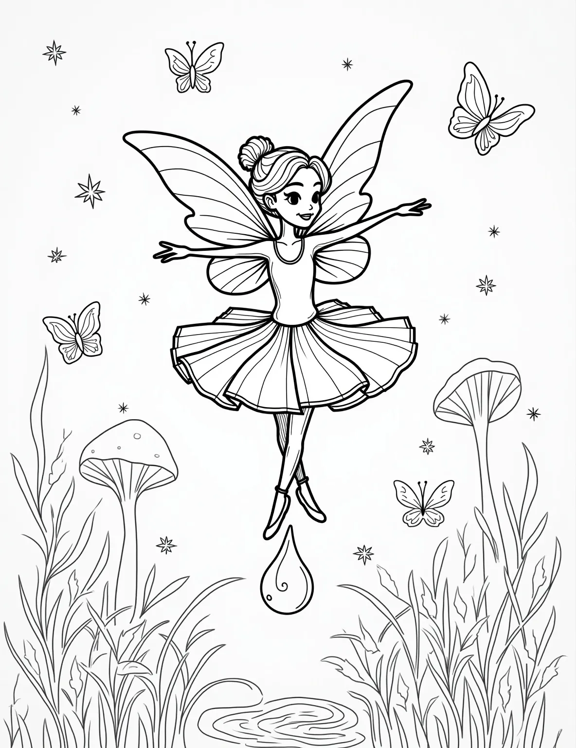 Fairy Ballerina Performance Coloring Page -- prompt: "black lines only Fairy ballerina pirouettes atop giant dewdrop. Flowing tutu and gossamer wings outlined in bold black. Floral background with swirling patterns. Simplified shapes for easy coloring. Magical forest scene with mushrooms, butterflies, and twinkling stars. Playful, enchanting atmosphere for children's coloring book page. flat black lines, premium coloring page, coloring sheet, line drawing, Coloring Book, NO COLOR, NO SHADING, WHITE BACKGROUND. NO GRAY, BLACK AND WHITE, NO COLOR" -- Twirl into a world of grace and magic with this fairy ballerina coloring page. Our fairy dancer pirouettes on a dewdrop stage, her gossamer tutu and wings creating a mesmerizing silhouette. This page is perfect for those who love both fairies and dance.