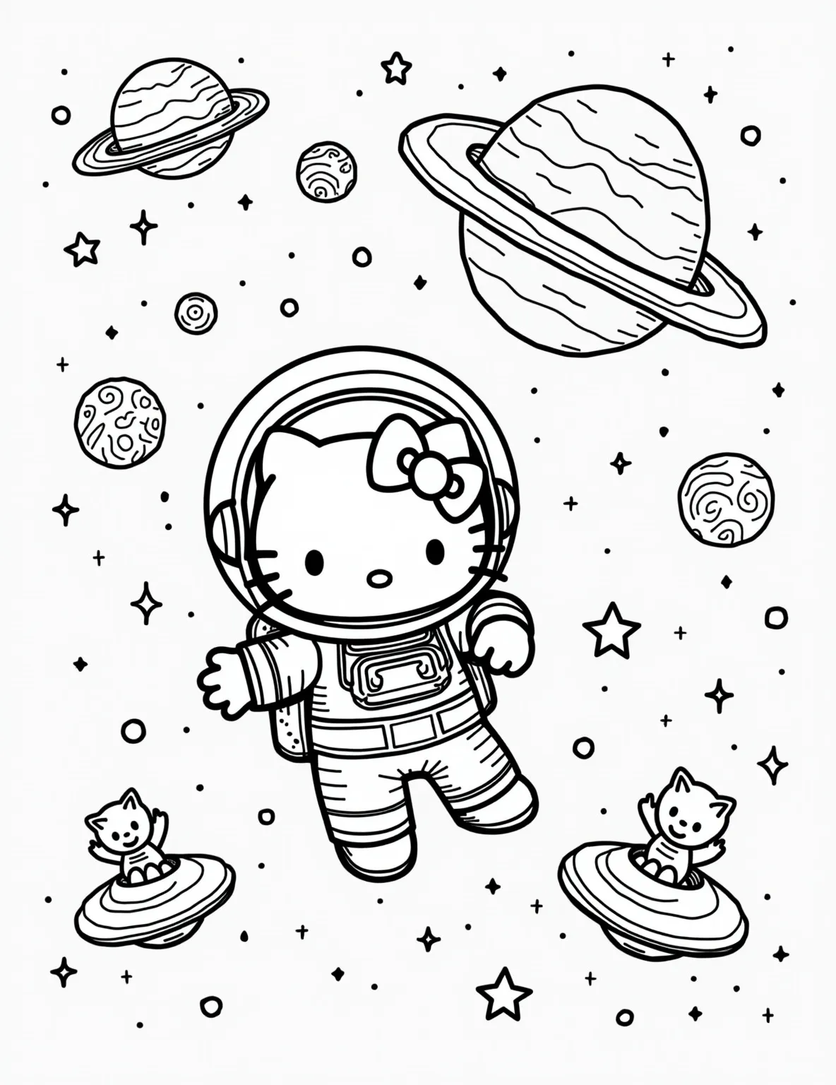 Hello Kitty's Space Exploration -- prompt: "black lines only Hello Kitty astronaut floats in starry space, her spacesuit adorned with cute patches. Planets with playful faces orbit nearby. Bold outlines define her helmet, gloves, and boots. Kawaii alien friends wave from UFOs. Chunky stars and spiral galaxies fill empty areas. flat black lines, premium coloring page, coloring sheet, line drawing, Coloring Book, NO COLOR, NO SHADING, WHITE BACKGROUND. NO GRAY, BLACK AND WHITE, NO COLOR" -- Blast off with Hello Kitty on a space adventure! This coloring page features Hello Kitty as an astronaut, floating in space with stars and planets around her. She's wearing a cute space suit and helmet, reaching out to touch a nearby star. It's an out-of-this-world scene that sparks imagination.