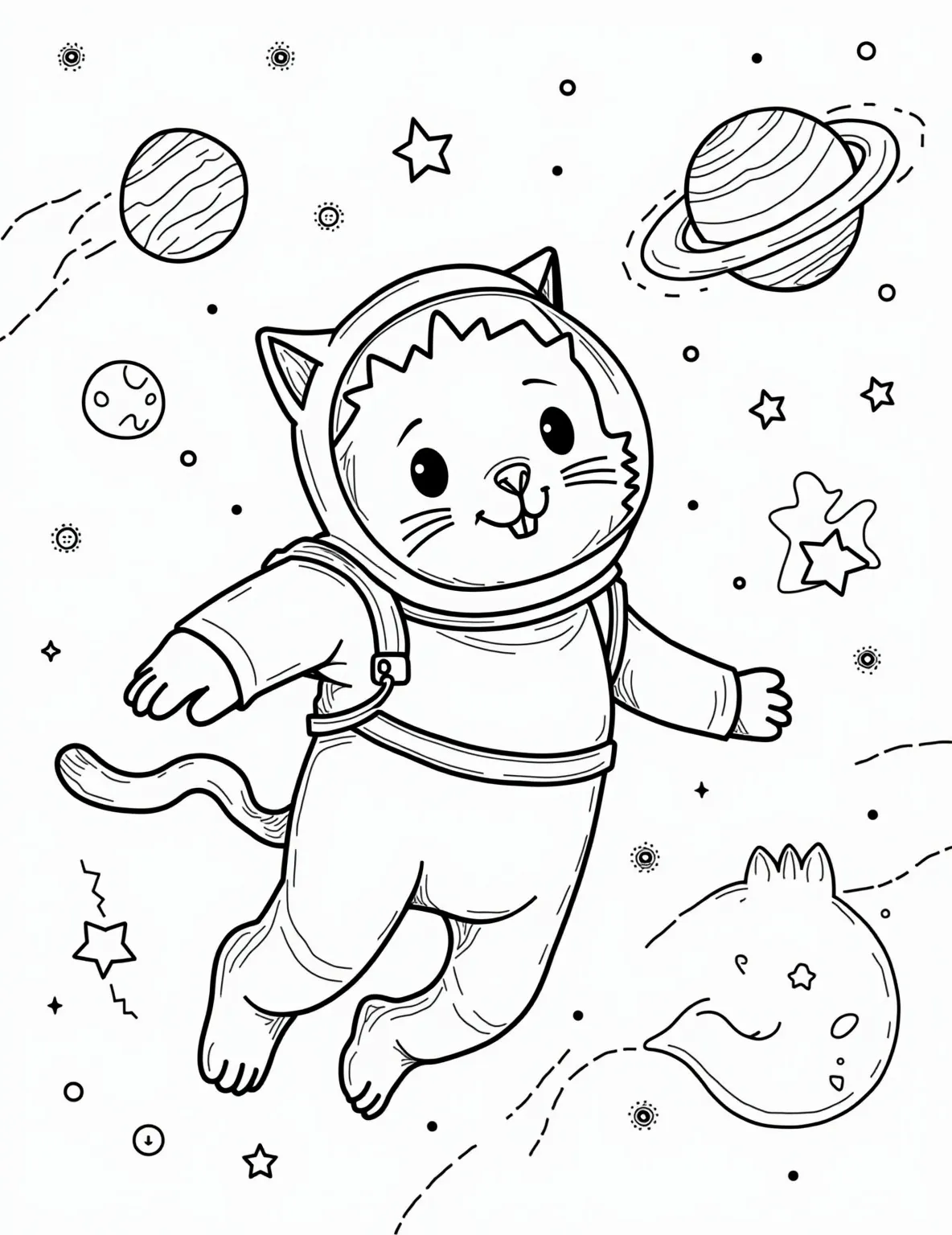 Space Cat Explorer Coloring Page -- prompt: "black lines only Playful coloring page: Astronaut cat with whiskers poking through helmet, floating amidst chunky stars and planets. Spaceship with bold outlines zooms by. Cosmic swirls and asteroid belt frame scene. Moon cheese chunk and fish-shaped constellation add whimsy. Simple, bold lines for easy coloring. flat black lines, premium coloring page, coloring sheet, line drawing, Coloring Book, NO COLOR, NO SHADING, WHITE BACKGROUND. NO GRAY, BLACK AND WHITE, NO COLOR" -- Blast off into a cosmic adventure with this fun and imaginative space cat scene. The page depicts a cat astronaut floating in space, surrounded by stars, planets, and perhaps a flying saucer. It's an excellent choice for those who enjoy cartoon cat coloring templates with a sci-fi twist.