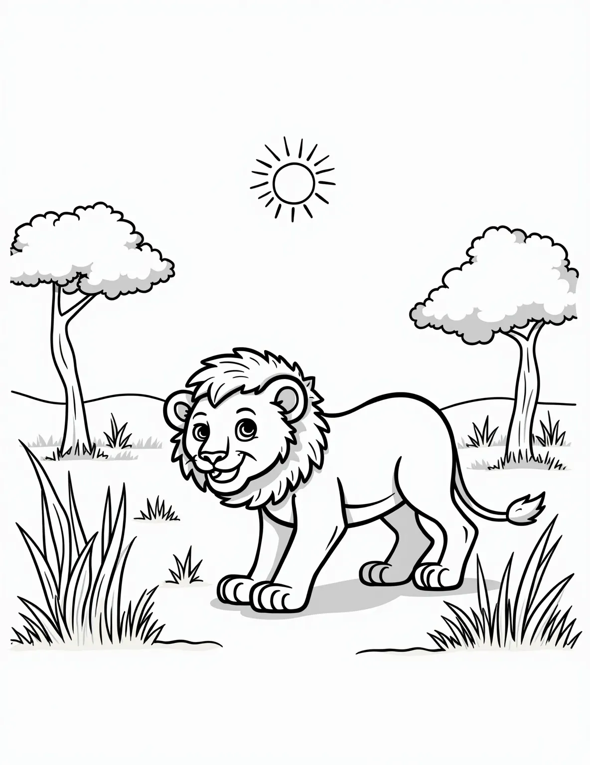 Lion Cub's First Steps -- prompt: "black lines only Adorable lion cub with wobbly legs, taking first steps on savanna. Mother lion watching protectively nearby. Bold black outlines, simple shapes. Savanna grass, acacia tree silhouette. Sun peeking from corner. Empty spaces for coloring. Heartwarming scene for children's coloring book page. flat black lines, premium coloring page, coloring sheet, line drawing, Coloring Book, NO COLOR, NO SHADING, WHITE BACKGROUND. NO GRAY, BLACK AND WHITE, NO COLOR" -- This heartwarming coloring page shows a wobbly lion cub taking its first steps. The cub's determined expression and unsteady stance are adorably captured. In the background, a watchful lioness observes her baby's progress.