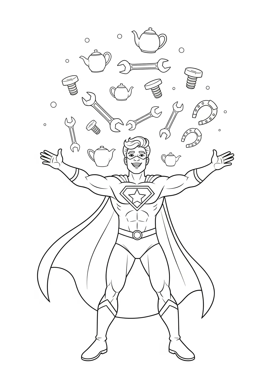 Magnetic Hero Attracting Metal Objects Coloring Page -- prompt: "black lines only Cheerful superhero with cape flowing stands center stage, arms outstretched as floating wrenches, screws, horseshoes, and kitchen pots spiral around them in bold black outlines, simple shapes perfect for coloring, cartoon-style adventure scene flat black lines, premium coloring page, coloring sheet, line drawing, Coloring Book, NO COLOR, NO SHADING, WHITE BACKGROUND. NO GRAY, BLACK AND WHITE, NO COLOR" -- This dynamic coloring page features a superhero using magnetic powers to attract various metal objects floating through the air around them. Cars, street signs, and metal debris create a swirling pattern as they're drawn toward the hero's magnetic field. The scene perfectly captures the chaos and power of magnetism in action.