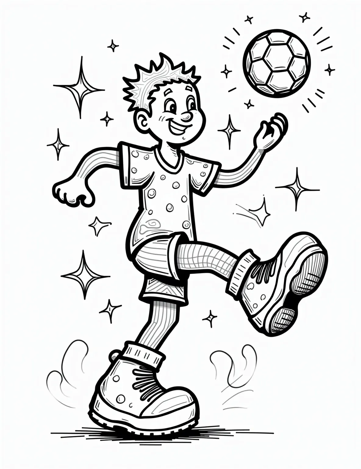 Soccer Player Juggling -- prompt: "black lines only Soccer player with exaggerated limbs balancing on one foot, juggling oversized ball. Thick, bold outlines perfect for coloring. Swirling motion lines trace ball's path. Background filled with simple geometric shapes. Player's face shows concentration and joy. Uniform has large, easy-to-color patterns. flat black lines, premium coloring page, coloring sheet, line drawing, Coloring Book, NO COLOR, NO SHADING, WHITE BACKGROUND. NO GRAY, BLACK AND WHITE, NO COLOR" -- This skillful coloring page shows a soccer player performing fancy footwork. The player is balancing the ball on their foot, mid-juggle. Multiple movement lines indicate the ball's path, adding a sense of motion to the static image.