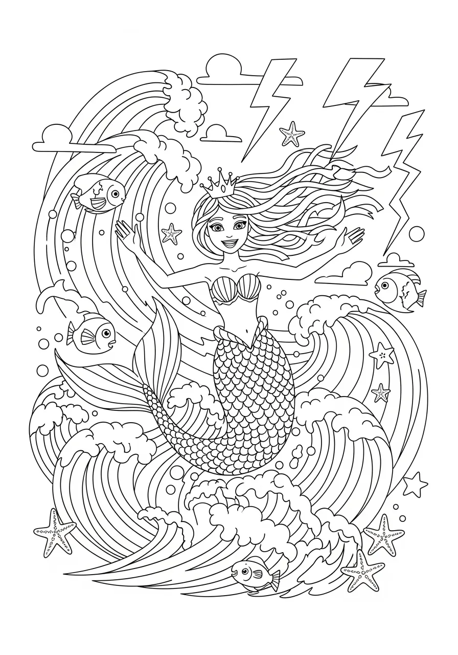 Mermaid's Ocean Storm Dance Coloring Page -- prompt: "black lines only Cheerful mermaid with flowing hair gracefully dancing through bold ocean storm, surrounded by thick outlined swirling currents and zigzag lightning bolts, simple line art perfect for coloring, joyful expression, easy-to-color sections flat black lines, premium coloring page, coloring sheet, line drawing, Coloring Book, NO COLOR, NO SHADING, WHITE BACKGROUND. NO GRAY, BLACK AND WHITE, NO COLOR" -- In this dramatic scene, a powerful mermaid dances through an ocean storm, her movements creating swirling currents and calming the turbulent waters. Lightning effects underwater and dynamic water movement create exciting visual elements. The action-packed composition encourages bold color choices and dynamic coloring techniques.