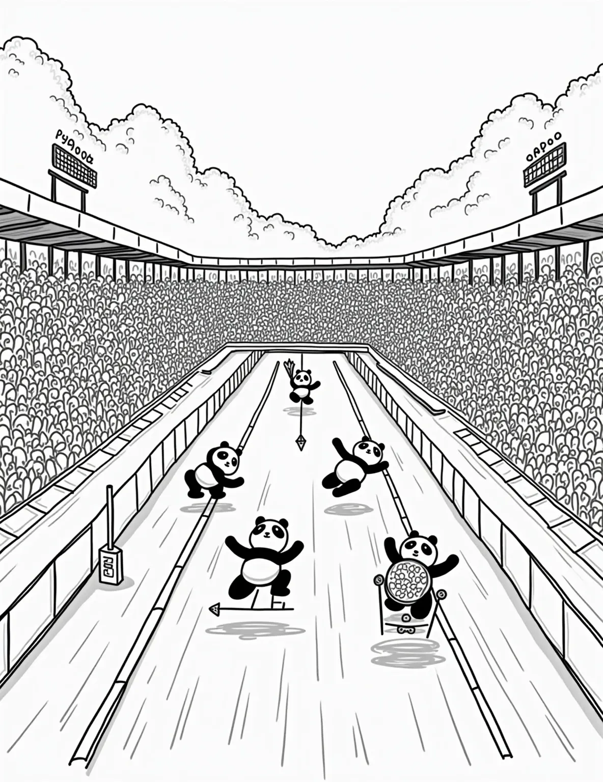 Panda's Bamboo Olympics Coloring Page -- prompt: "black lines only Adorable panda athletes in a whimsical coloring page. Bamboo Olympic stadium with thick outlines. Pandas pole vaulting over bamboo bars, throwing bamboo javelins, and leaping bamboo hurdles. Cheering panda spectators waving flags. Playful bamboo medal podium awaits winners. flat black lines, premium coloring page, coloring sheet, line drawing, Coloring Book, NO COLOR, NO SHADING, WHITE BACKGROUND. NO GRAY, BLACK AND WHITE, NO COLOR" -- Go for the gold with this sporty coloring page featuring pandas competing in bamboo-themed Olympic games. The scene includes pandas participating in events like bamboo pole vaulting, bamboo javelin throwing, and bamboo stalk hurdles. This page offers the chance to add colorful national flags and Olympic symbols alongside the athletic pandas.