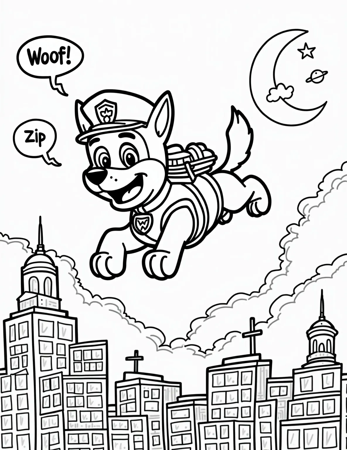 Chase's Nighttime City Patrol -- prompt: "black lines only Chase, a cartoon police officer with exaggerated features, patrols a simplified city rooftop. Bold outlines define buildings, antennas, and a crescent moon. Stars twinkle as speech bubbles and comic-style action lines surround Chase. Perfect for coloring, this playful scene captures nighttime adventure. flat black lines, premium coloring page, coloring sheet, line drawing, Coloring Book, NO COLOR, NO SHADING, WHITE BACKGROUND. NO GRAY, BLACK AND WHITE, NO COLOR" -- Join Chase on his thrilling nighttime patrol through Adventure Bay! This detailed coloring page showcases Chase in his police uniform, keeping a watchful eye over the city from a rooftop vantage point. The moonlit skyline and twinkling city lights provide a perfect backdrop for creative coloring and shading techniques, making it ideal for older children and adults.