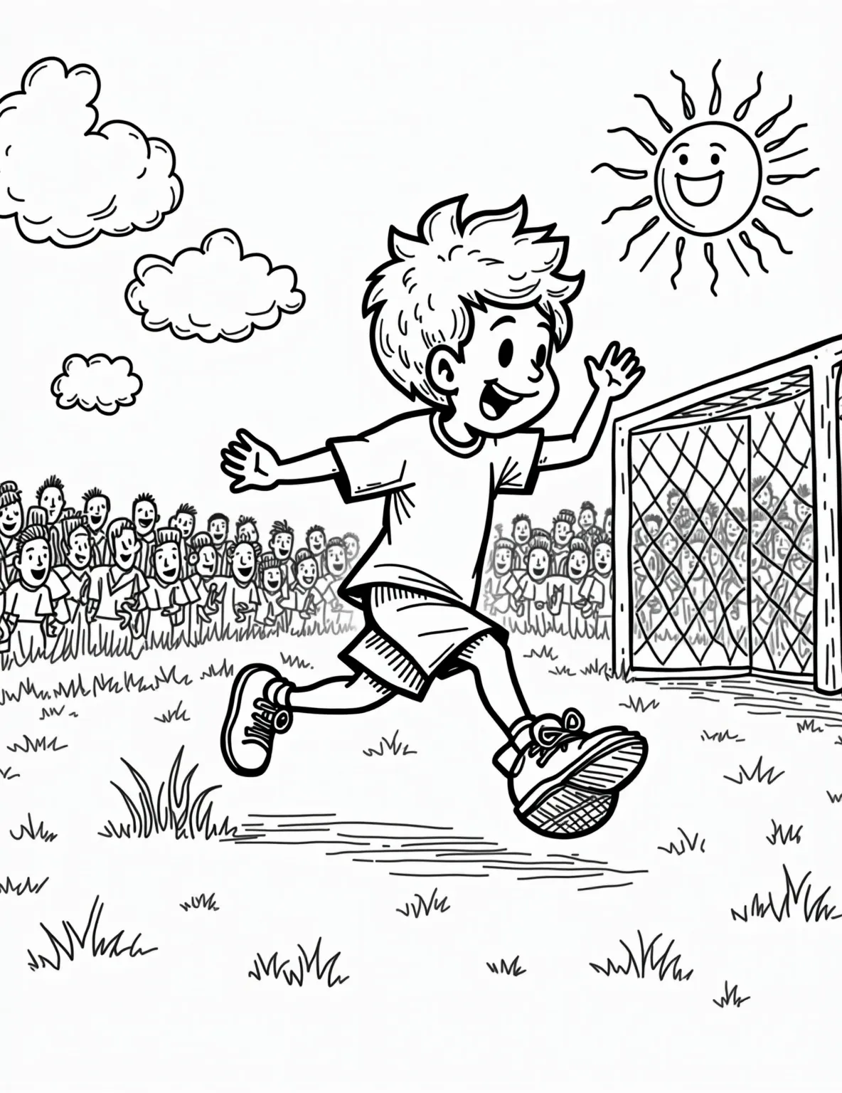 Soccer Star in Action Coloring Page -- prompt: "black lines only Bold outlines frame a young soccer player mid-kick, his determined expression frozen in time. Simplified goal posts stand tall, while stylized spectators wave cheerfully. Grass blades and clouds await coloring. A sun peeks from the corner, its rays begging for vibrant hues. flat black lines, premium coloring page, coloring sheet, line drawing, Coloring Book, NO COLOR, NO SHADING, WHITE BACKGROUND. NO GRAY, BLACK AND WHITE, NO COLOR" -- Score big with this dynamic soccer coloring page! It features a young soccer player in mid-kick, about to score the winning goal. With a detailed soccer field and cheering crowd in the background, this page captures all the excitement of the beautiful game. It's a great choice for sports-loving boys to showcase their team colors.