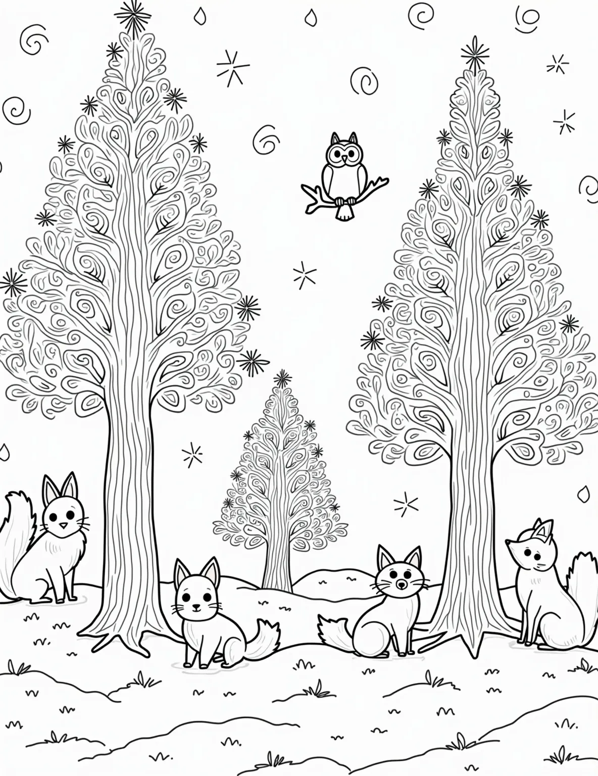 Snowflake Forest Adventure -- prompt: "black lines only Enchanting winter forest coloring page. Towering trees composed of intricate snowflake patterns. Playful rabbits, foxes, and owls peek from behind branches. Gentle curves and bold outlines perfect for coloring. Snowdrifts and icicles frame the magical scene. Delightful details await discovery, flat black lines, premium coloring page, coloring sheet, line drawing, Coloring Book, NO COLOR, NO SHADING, WHITE BACKGROUND. NO GRAY, BLACK AND WHITE, NO COLOR" -- Embark on a magical journey through a snowflake forest. This enchanting scene features trees formed from stacked snowflakes of varying designs. Hidden among the trees are winter animals, adding an element of discovery to the coloring experience.