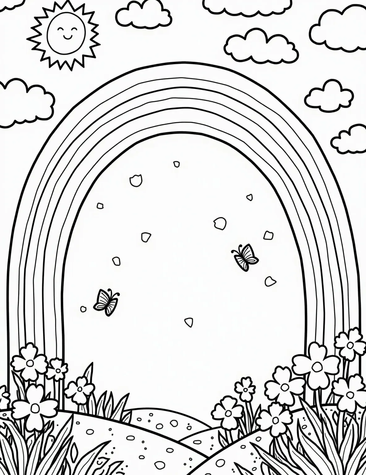 Majestic Rainbow Arch Coloring Page -- prompt: "black lines only A vibrant, oversized rainbow arches across a sky filled with puffy, cartoonish clouds. Bold outlines define each element, perfect for coloring. Smiling sun peeks from one corner, while playful raindrops dance below. Flowers and butterflies dot the landscape, awaiting creative hues. Fun, whimsical coloring book page design. flat black lines, premium coloring page, coloring sheet, line drawing, Coloring Book, NO COLOR, NO SHADING, WHITE BACKGROUND. NO GRAY, BLACK AND WHITE, NO COLOR" -- This coloring page features a grand, sweeping rainbow arching across the sky. Fluffy clouds bookend the rainbow, creating a serene and uplifting scene. It's a perfect page for those who love classic rainbow imagery and want to experiment with blending colors.