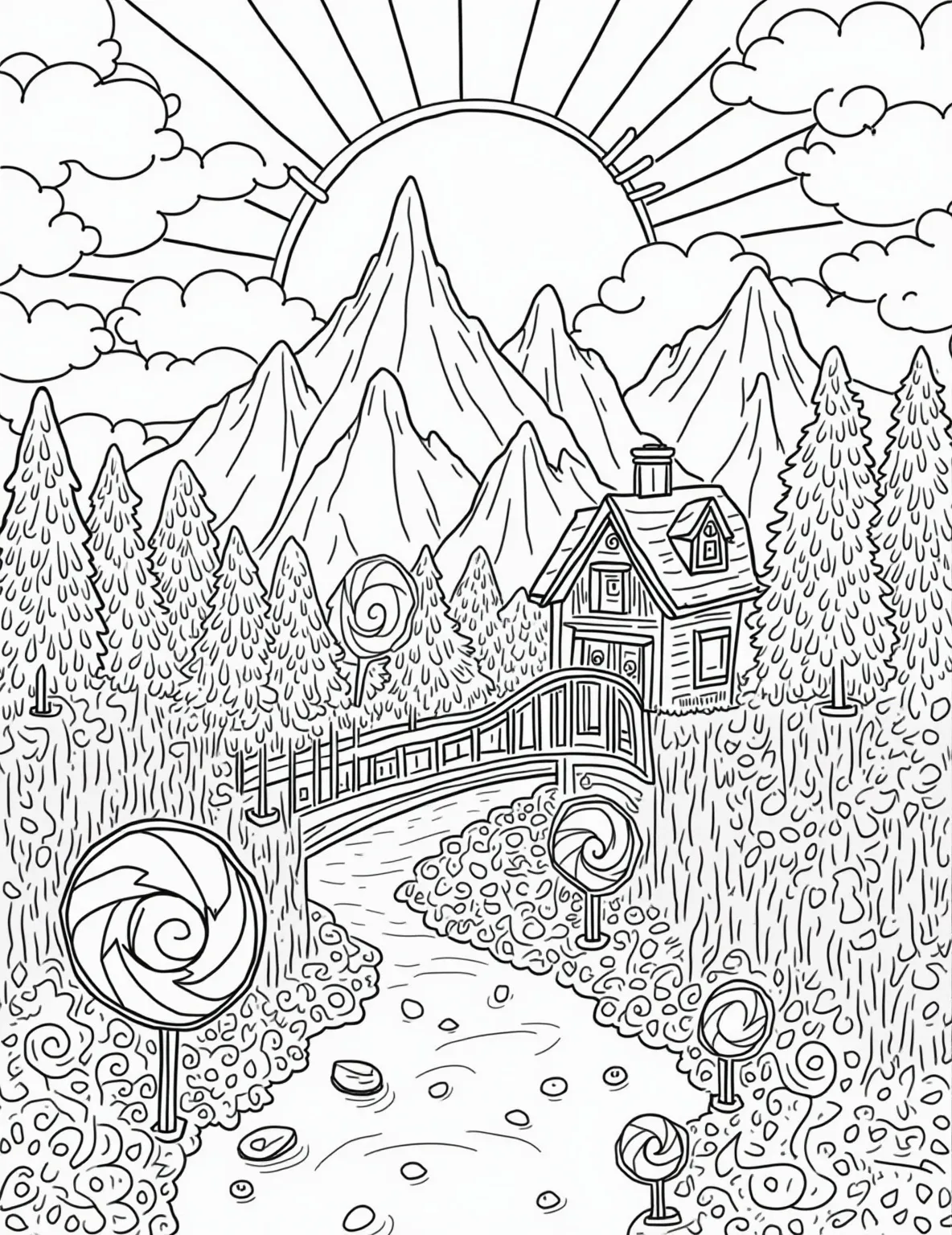 Rainbow Candy Land Coloring Page -- prompt: "black lines only Candy wonderland coloring page: Rainbow lollipop trees, gumdrop mountains, peppermint swirl clouds. Jellybean path winding through cotton candy bushes. Chocolate river flows beneath licorice bridge. Marshmallow sun shines on gingerbread house. Bold outlines, simple shapes for easy coloring. flat black lines, premium coloring page, coloring sheet, line drawing, Coloring Book, NO COLOR, NO SHADING, WHITE BACKGROUND. NO GRAY, BLACK AND WHITE, NO COLOR" -- Step into a sweet wonderland with this coloring page filled with rainbow-colored candies. Lollipops, gumdrops, and peppermint swirls create a delicious landscape. This page is sure to satisfy the sweet tooth of any coloring enthusiast.