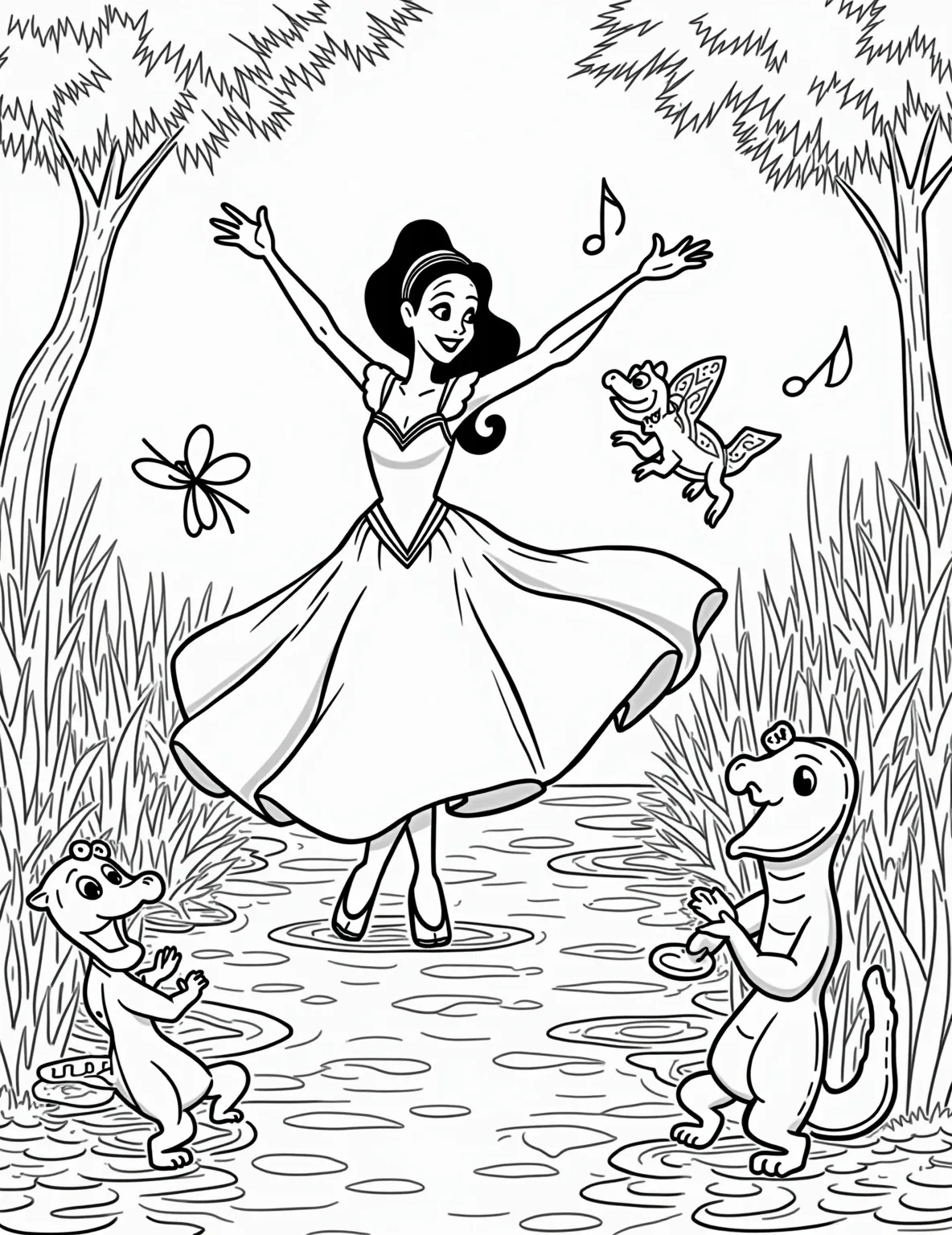 Tiana's Bayou Band -- prompt: "black lines only Tiana twirls gracefully with Louis, a jovial alligator, and Ray, a luminous firefly, in a lively bayou scene. Swirling musical notes surround them. Bold outlines define characters and scenery. Cypress trees, lily pads, and instrument-playing animals create a playful, New Orleans-inspired coloring page. flat black lines, premium coloring page, coloring sheet, line drawing, Coloring Book, NO COLOR, NO SHADING, WHITE BACKGROUND. NO GRAY, BLACK AND WHITE, NO COLOR" -- Get ready to jazz it up with this lively coloring page featuring Tiana. Our hardworking princess is shown taking a break to dance with Louis the alligator and Ray the firefly in the heart of the bayou. The scene is filled with musical instruments and fireflies, perfect for adding some New Orleans flair.