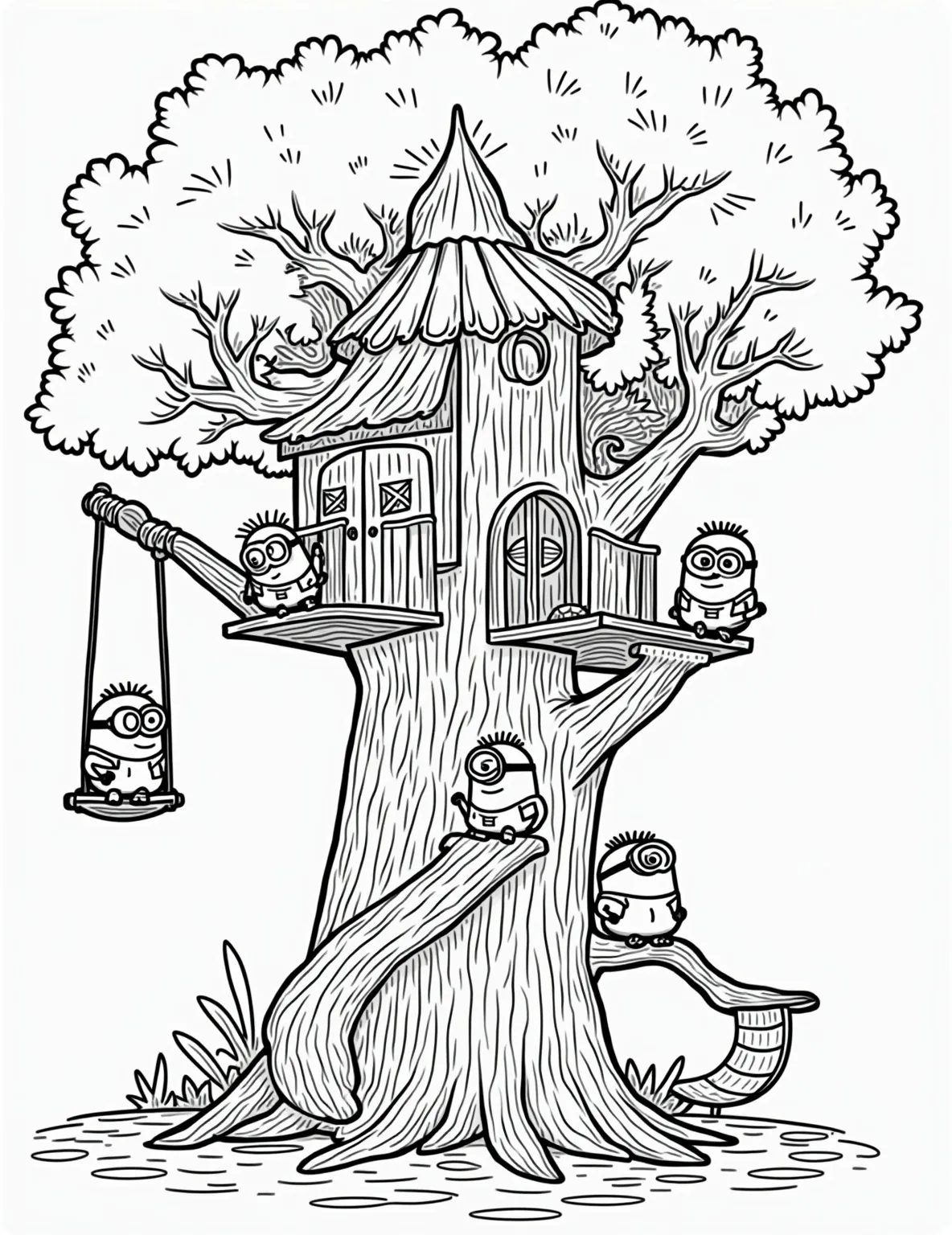 Minions' Treehouse Adventure -- prompt: "black lines only Cheerful Minions frolic in a whimsical treehouse paradise. Thick outlines define banana-shaped swings, twisting slides, and swaying rope bridges. Bold, simple shapes create a playful scene perfect for coloring. Oversized leaves and exaggerated tree branches frame the lively playground. flat black lines, premium coloring page, coloring sheet, line drawing, Coloring Book, NO COLOR, NO SHADING, WHITE BACKGROUND. NO GRAY, BLACK AND WHITE, NO COLOR" -- Climb into fun with this exciting Minion treehouse coloring page! Our yellow pals have built an elaborate treehouse complete with rope bridges, slides, and banana-shaped swings. This detailed scene is perfect for kids who love outdoor adventures and imaginative play.