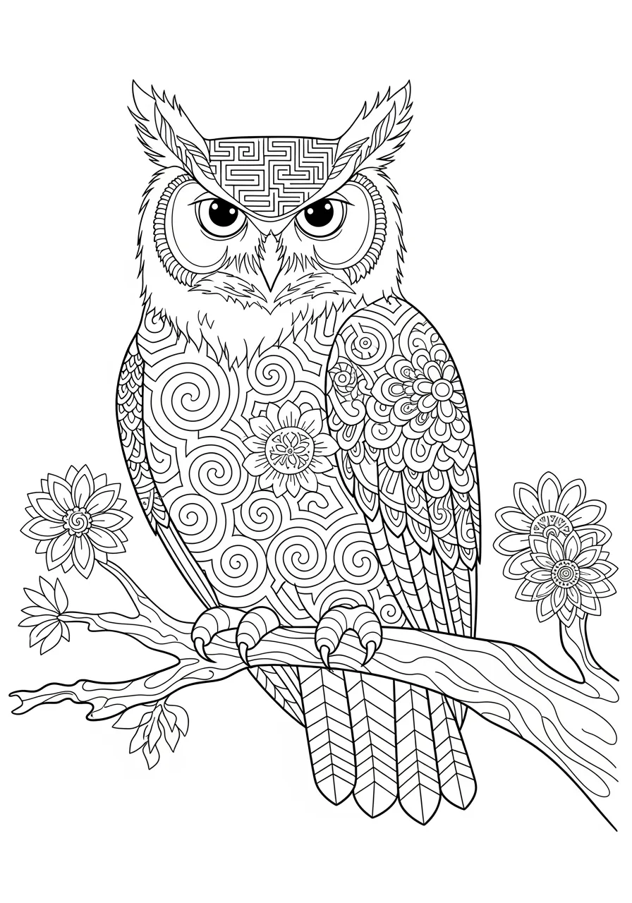 Complex Geometric Owl Wisdom Coloring Page -- prompt: "black lines only Majestic great horned owl sits proudly on gnarled oak branch, feathers transformed into bold geometric maze patterns, swirling tribal motifs, blooming mandala flowers, thick black outlines, white background, cheerful fun coloring book style coloring page flat black lines, premium coloring page, coloring sheet, line drawing, Coloring Book, NO COLOR, NO SHADING, WHITE BACKGROUND. NO GRAY, BLACK AND WHITE, NO COLOR" -- This sophisticated adult coloring page presents a wise owl filled with complex geometric patterns and tribal-inspired designs. The owl's large eyes are surrounded by intricate mandala-like patterns that flow throughout its feathered body. This challenging design offers hours of meditative coloring while celebrating the symbolic wisdom of these magnificent birds.