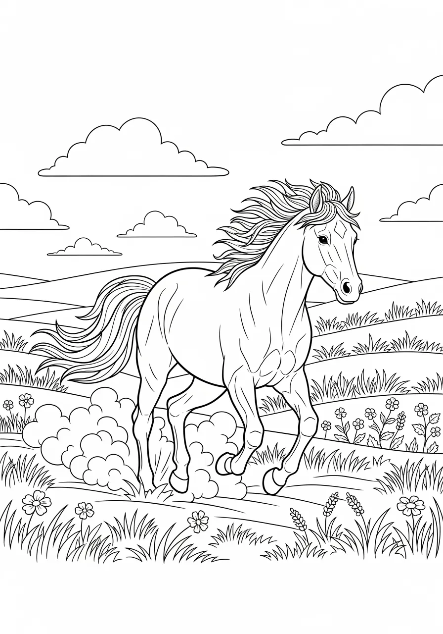 Wild Horse Galloping Through Plains Coloring Page -- prompt: "black lines only Fun coloring book style illustration of a spirited mustang galloping across rolling prairie grasslands, flowing mane and tail streaming behind, surrounded by wildflowers, puffy clouds above, bold black outlines, simple shapes perfect for children's coloring activities flat black lines, premium coloring page, coloring sheet, line drawing, Coloring Book, NO COLOR, NO SHADING, WHITE BACKGROUND. NO GRAY, BLACK AND WHITE, NO COLOR" -- This energetic coloring page captures a magnificent wild horse in full gallop across an open prairie. The flowing mane and powerful stride showcase the freedom and grace of these beautiful creatures. It's perfect for horse lovers and offers a great opportunity to discuss wild animals and their natural behaviors.